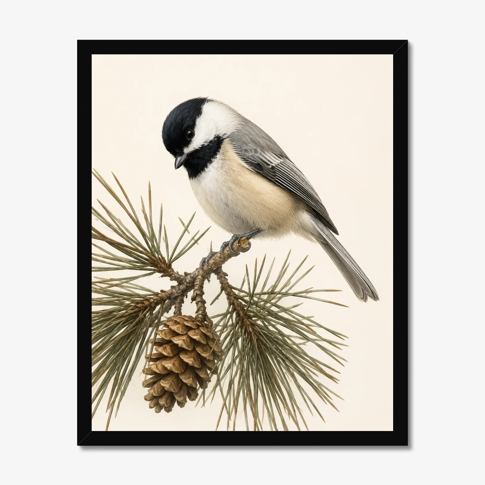 Black-capped Chickadee Print - On Pine in a black frame