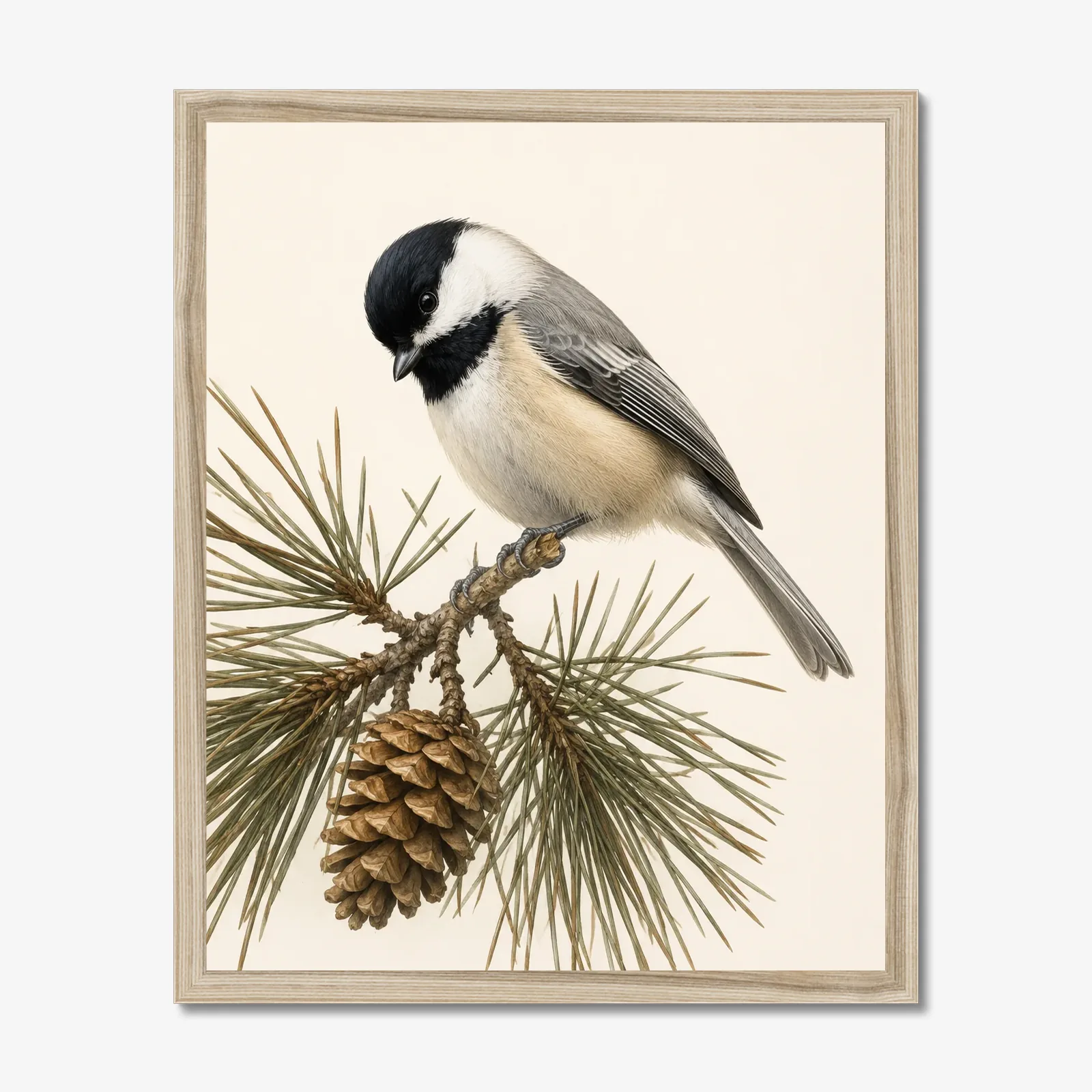 Black-capped Chickadee Print - On Pine in a natural frame