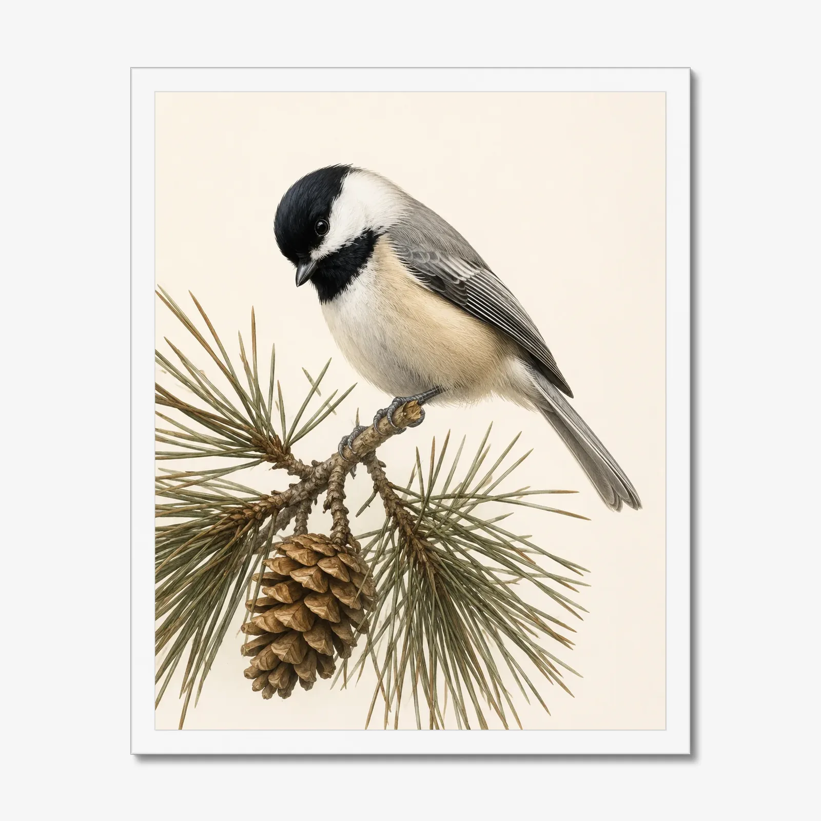 Black-capped Chickadee Print - On Pine in a white frame