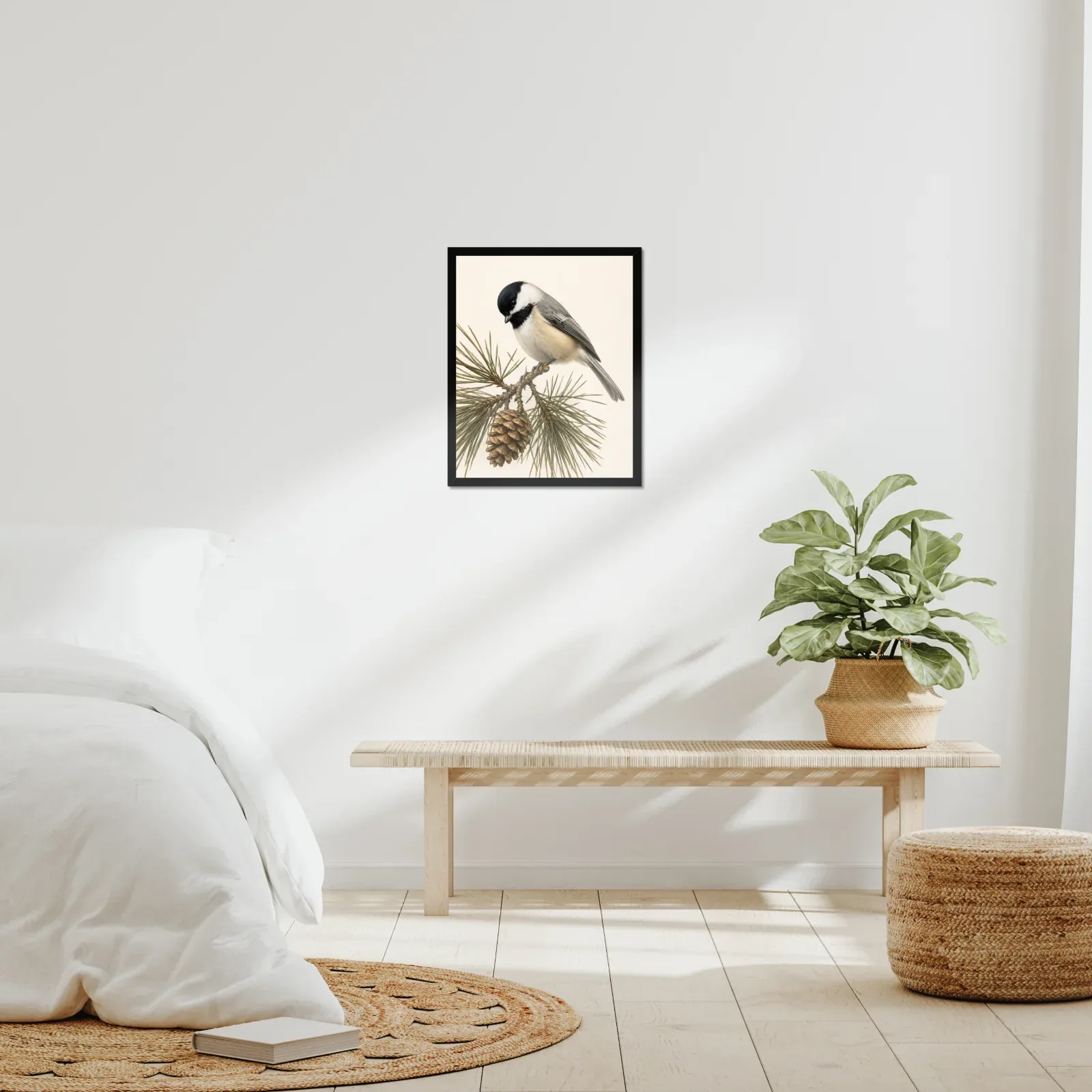Black-capped Chickadee Print - On Pine framed at 16x20 inches, shown on a wall to scale