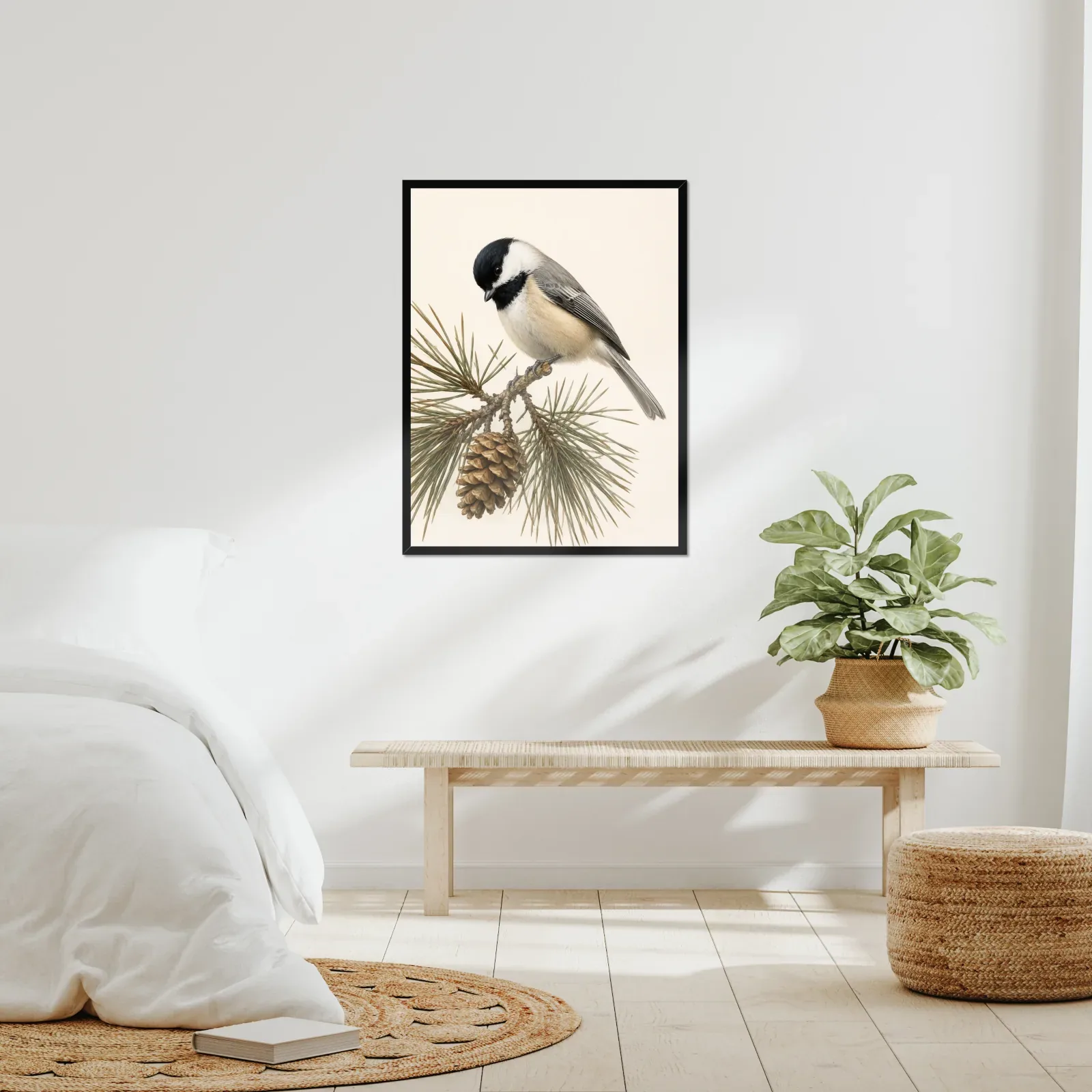 A framed bird print in a real room