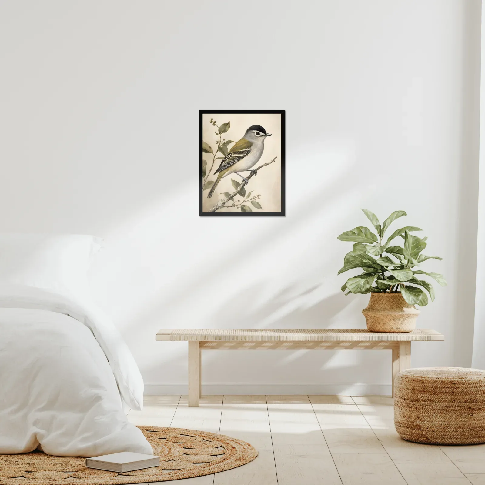 Black-capped Vireo Print framed at 16x20 inches, shown on a wall to scale
