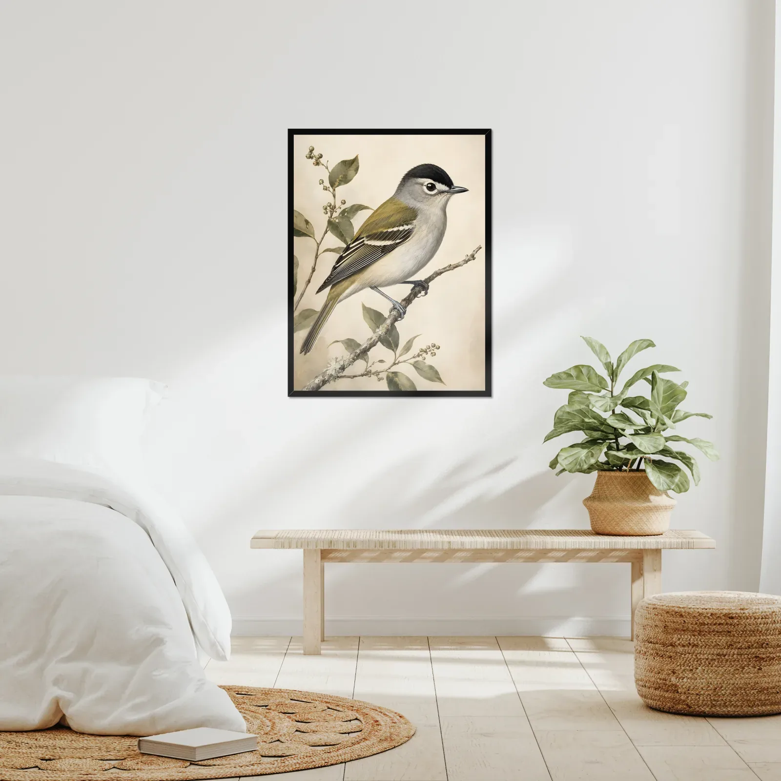 Black-capped Vireo Print framed at 24x30 inches, shown on a wall to scale