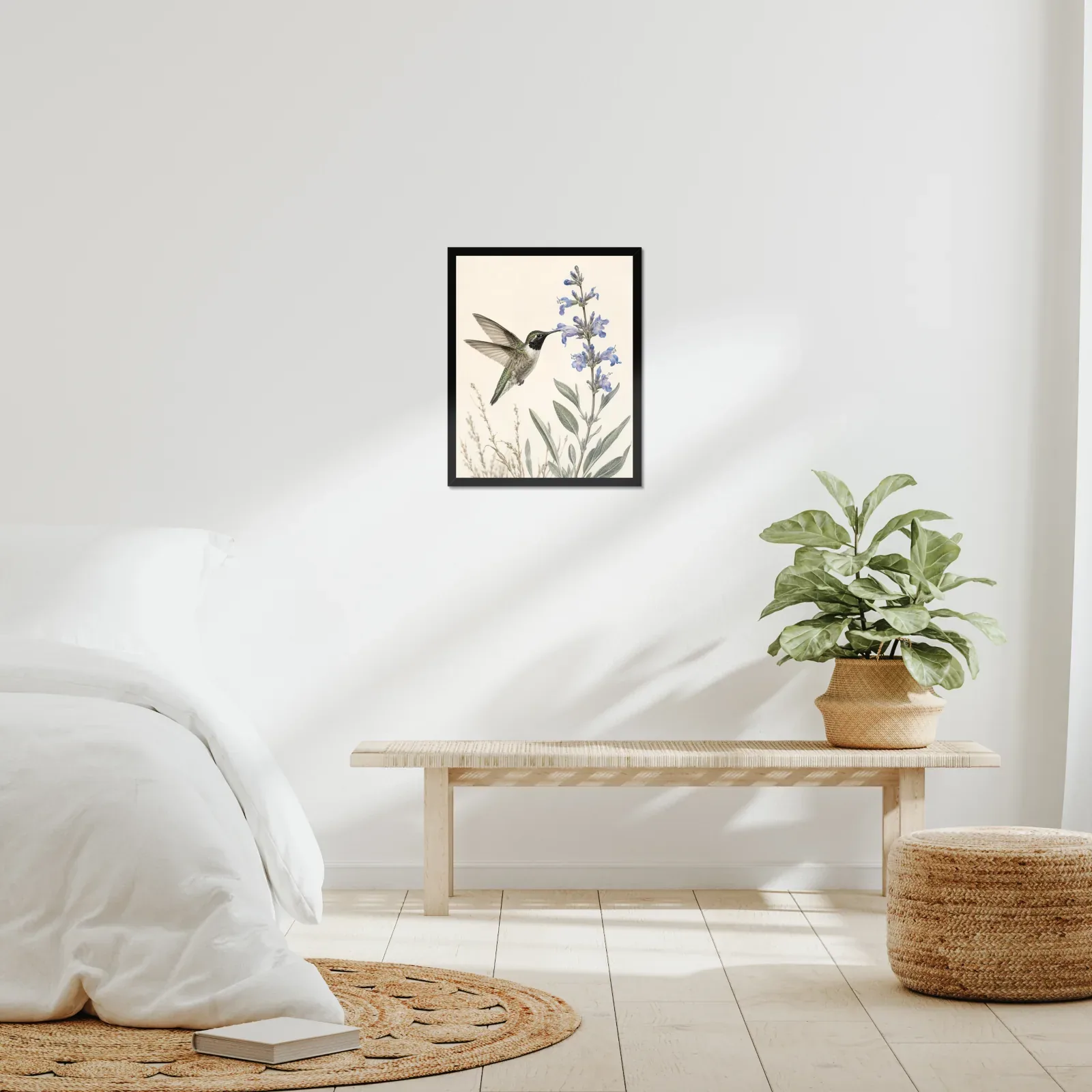 Black-chinned Hummingbird at Desert Sage Print framed at 16x20 inches, shown on a wall to scale
