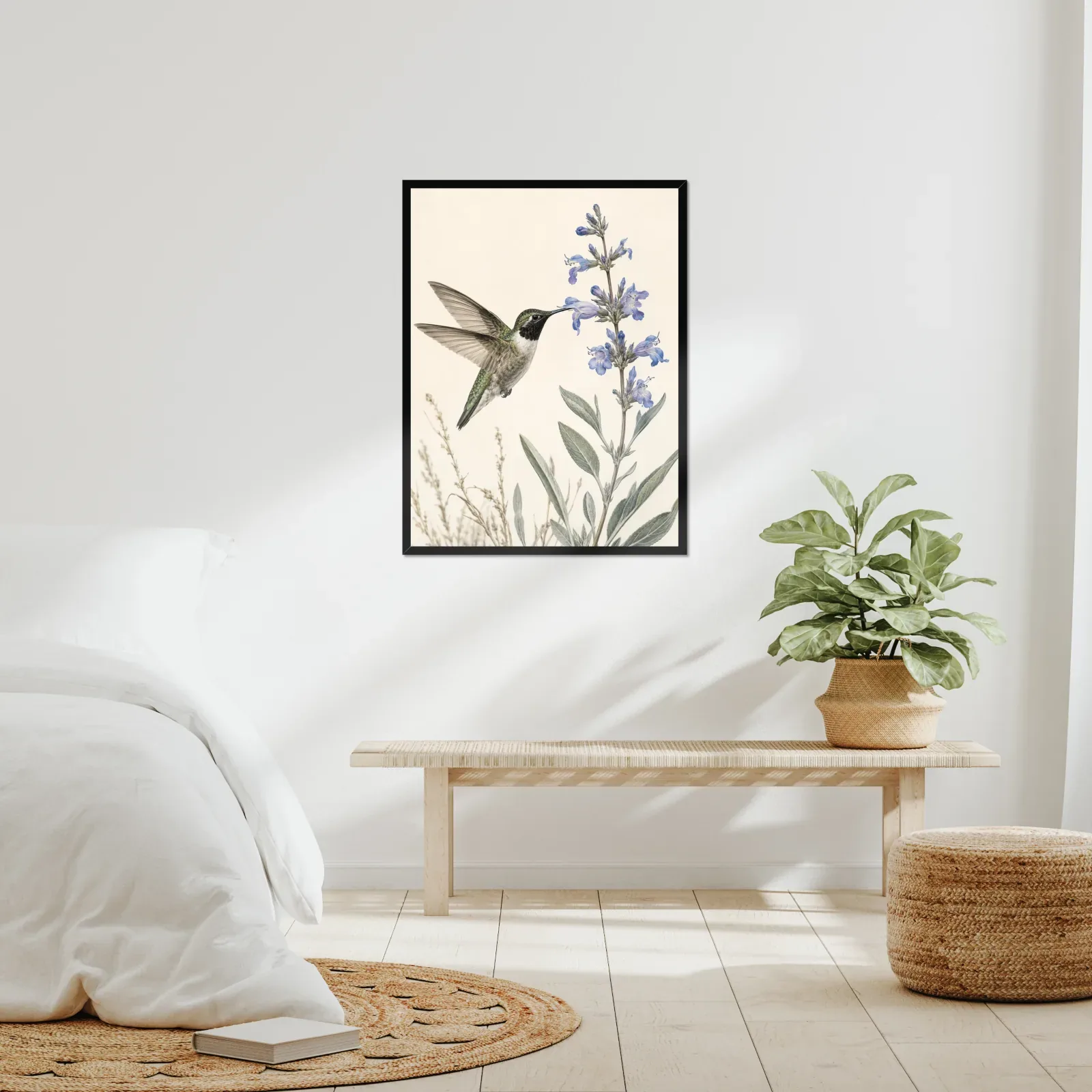 Black-chinned Hummingbird at Desert Sage Print framed at 24x30 inches, shown on a wall to scale