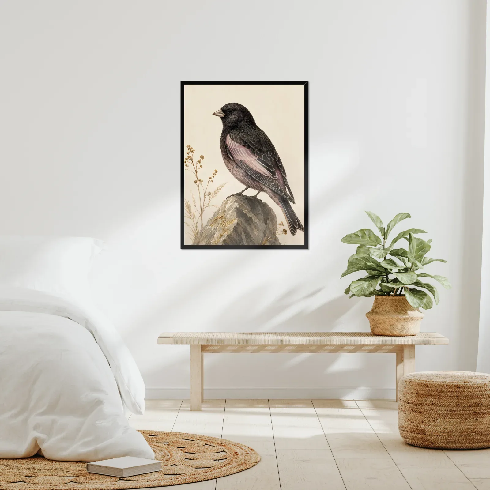 Black Rosy Finch Print framed at 24x30 inches, shown on a wall to scale