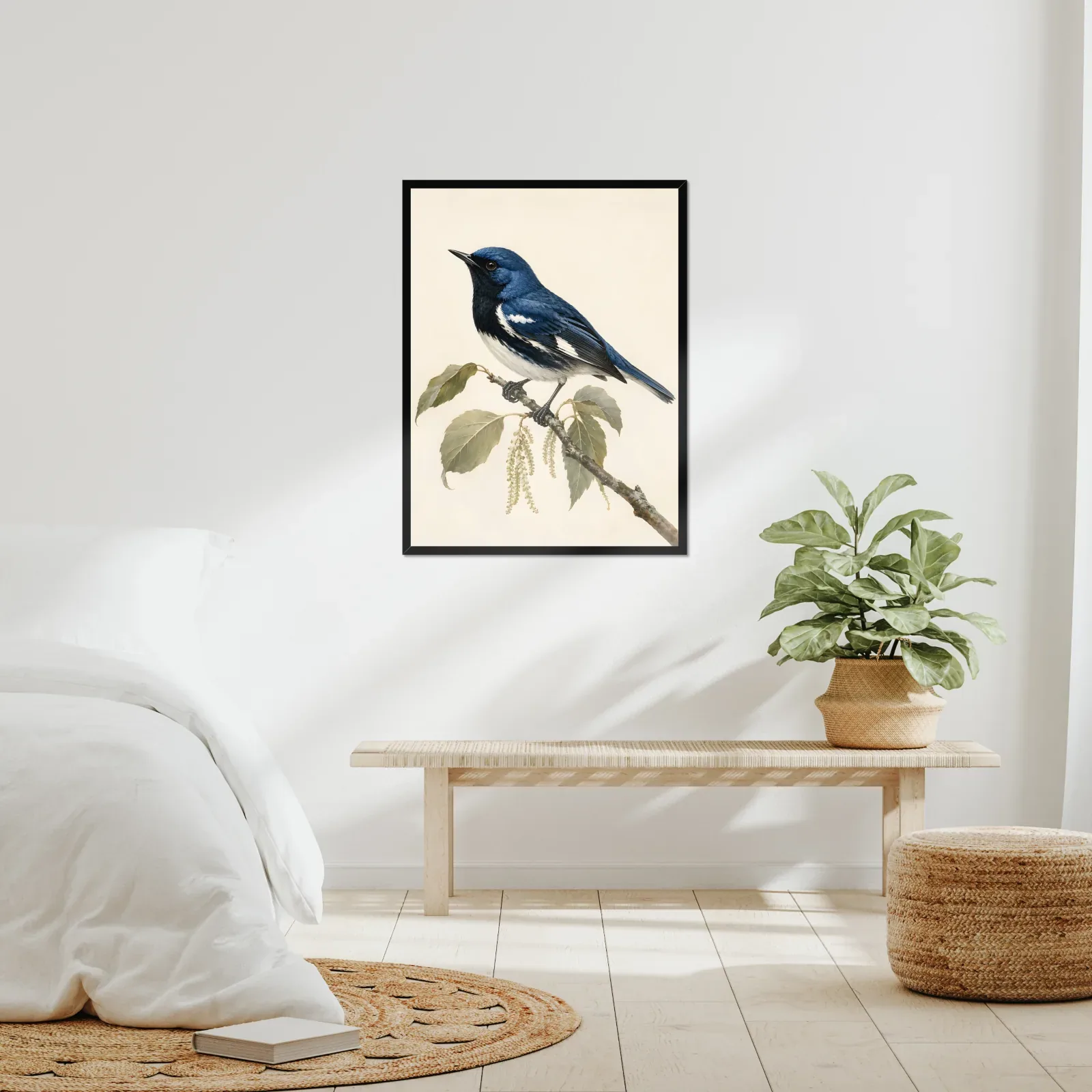 Black-throated Blue Warbler Print framed at 24x30 inches, shown on a wall to scale