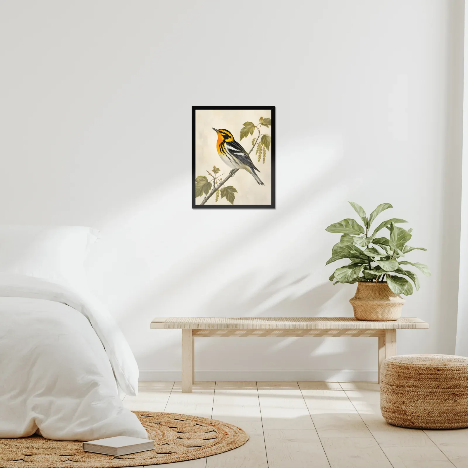 Blackburnian Warbler Print framed at 16x20 inches, shown on a wall to scale