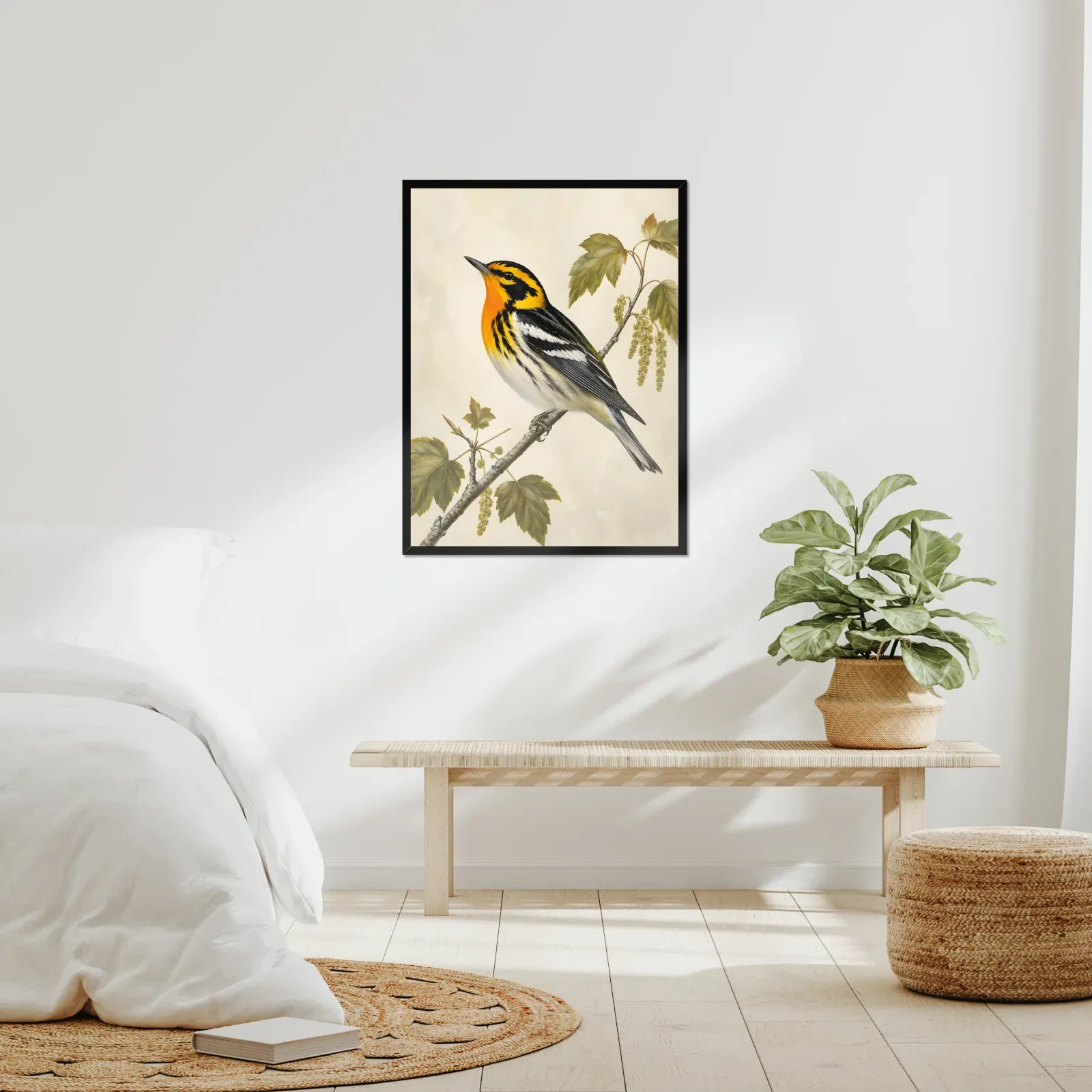 Blackburnian Warbler Print framed at 24x30 inches, shown on a wall to scale