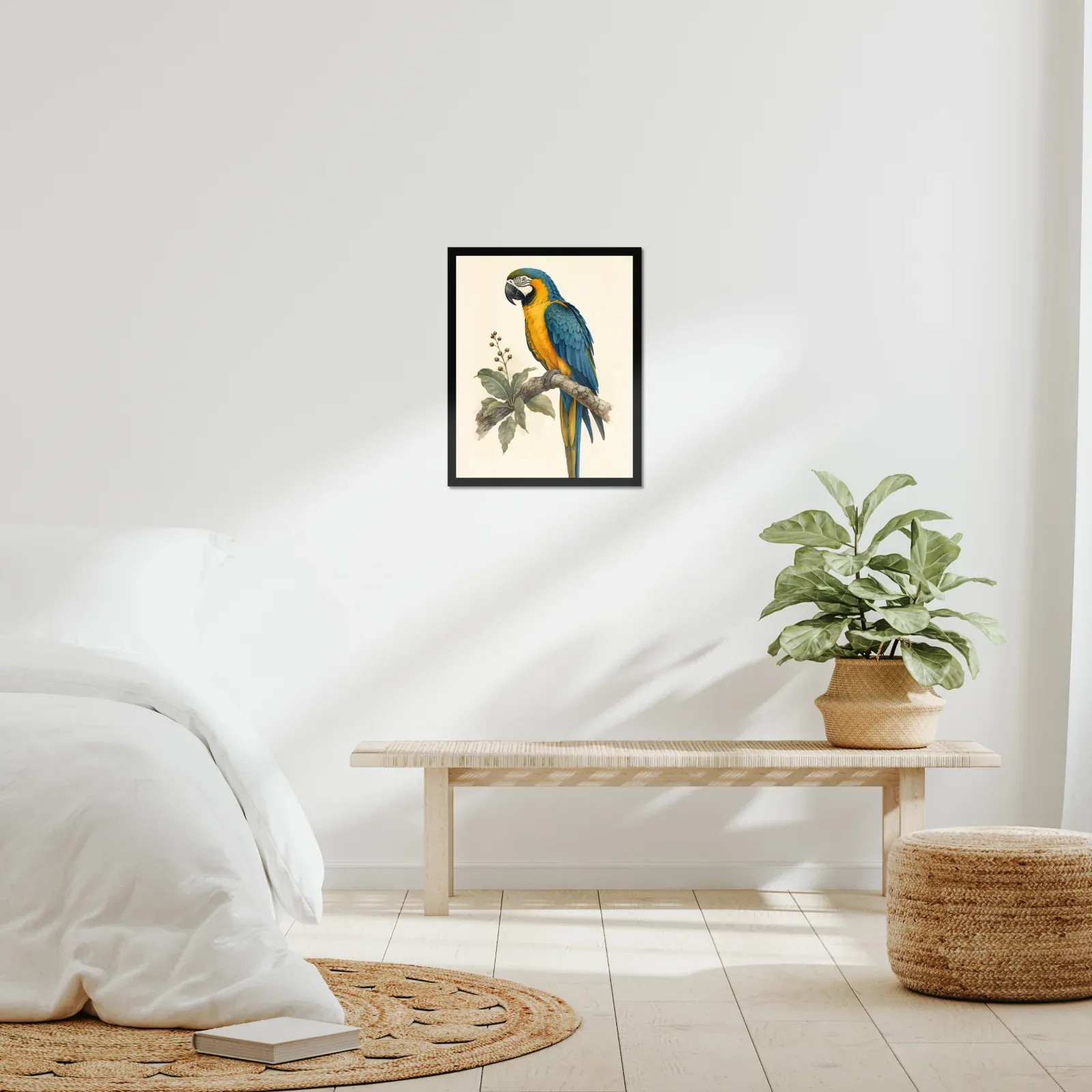 Blue-and-Gold Macaw Print framed at 16x20 inches, shown on a wall to scale