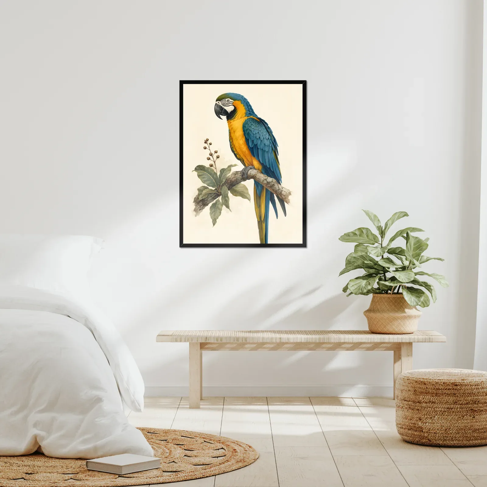 Blue-and-Gold Macaw Print framed at 24x30 inches, shown on a wall to scale