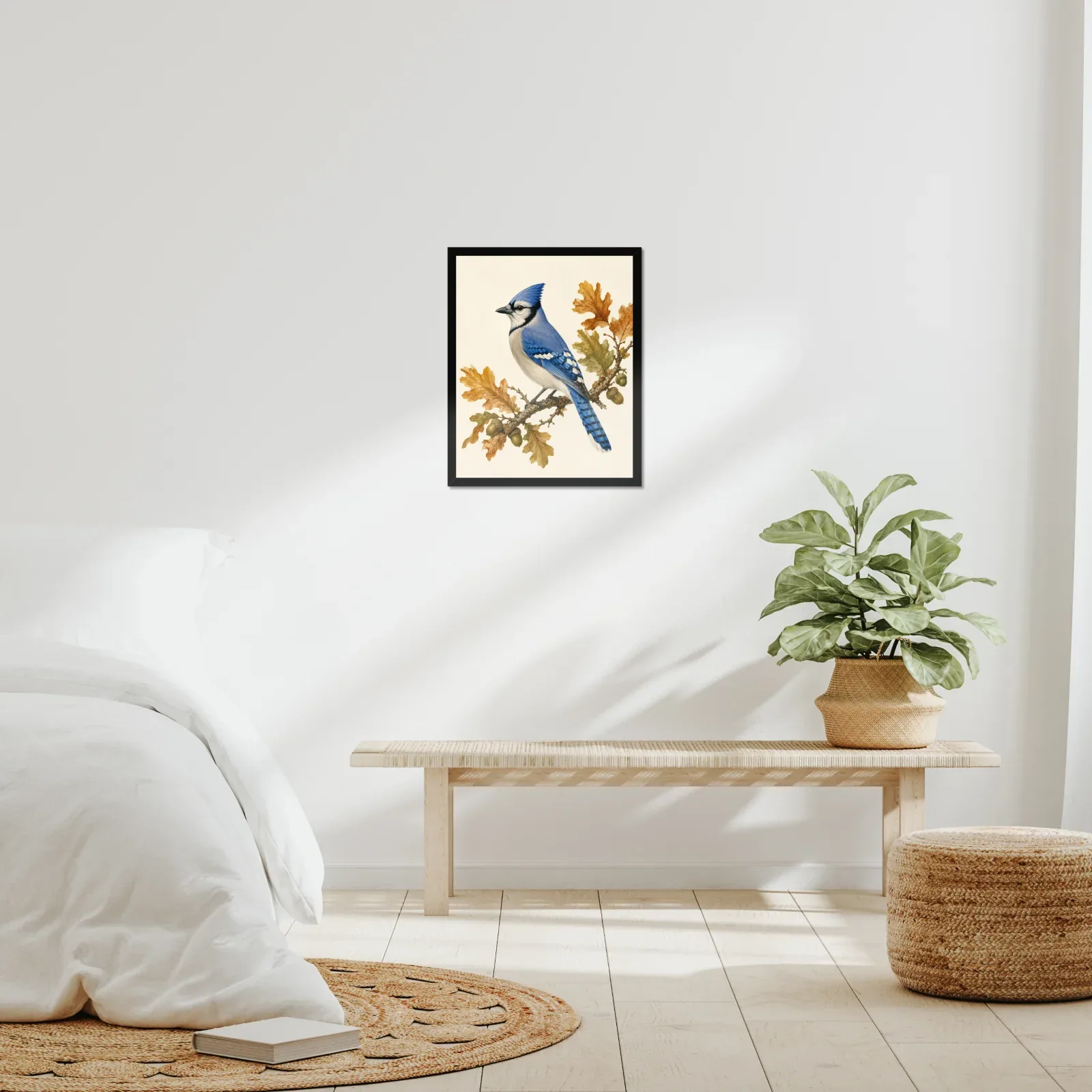 Blue Jay Print on Autumn Oak framed at 16x20 inches, shown on a wall to scale