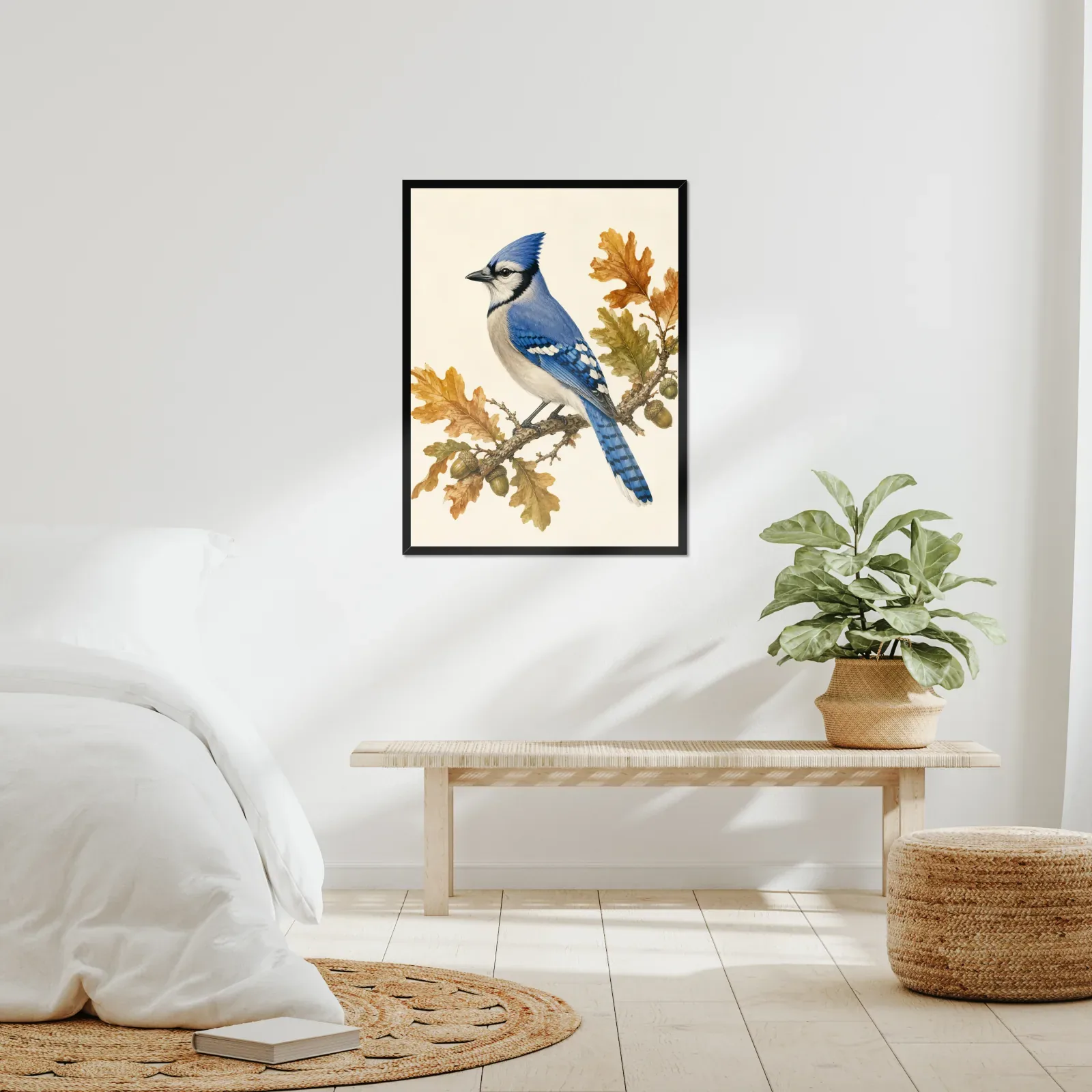 A framed bird print in a real room