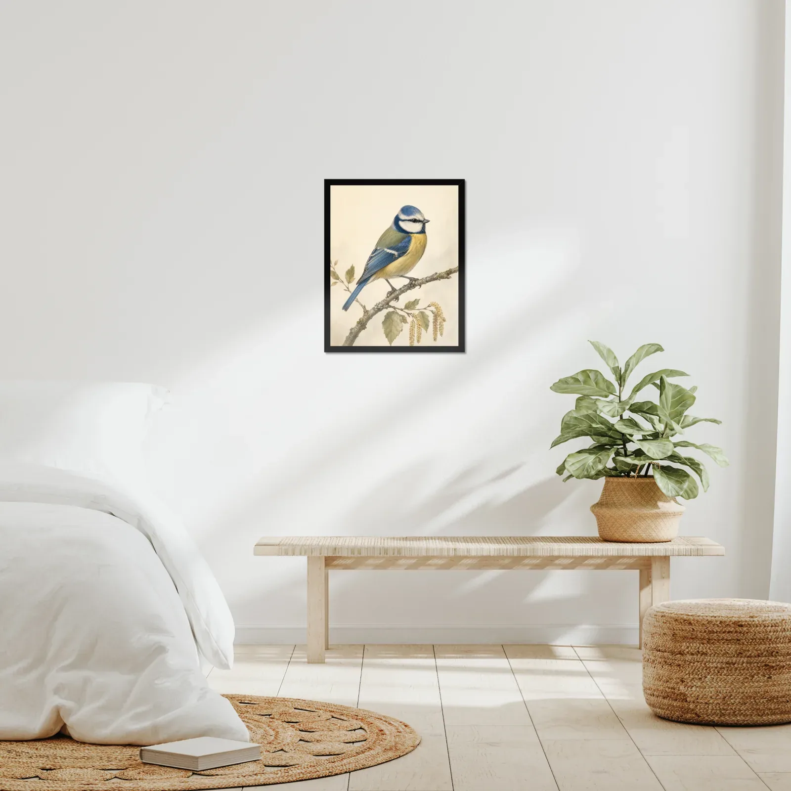 Blue Tit Print framed at 16x20 inches, shown on a wall to scale