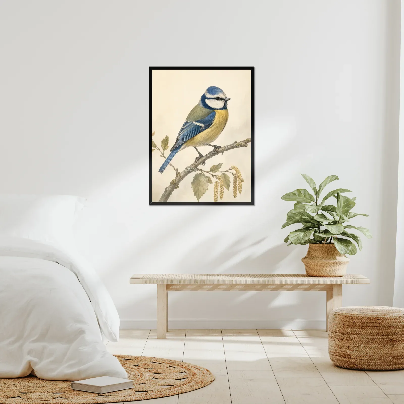 Blue Tit Print framed at 24x30 inches, shown on a wall to scale