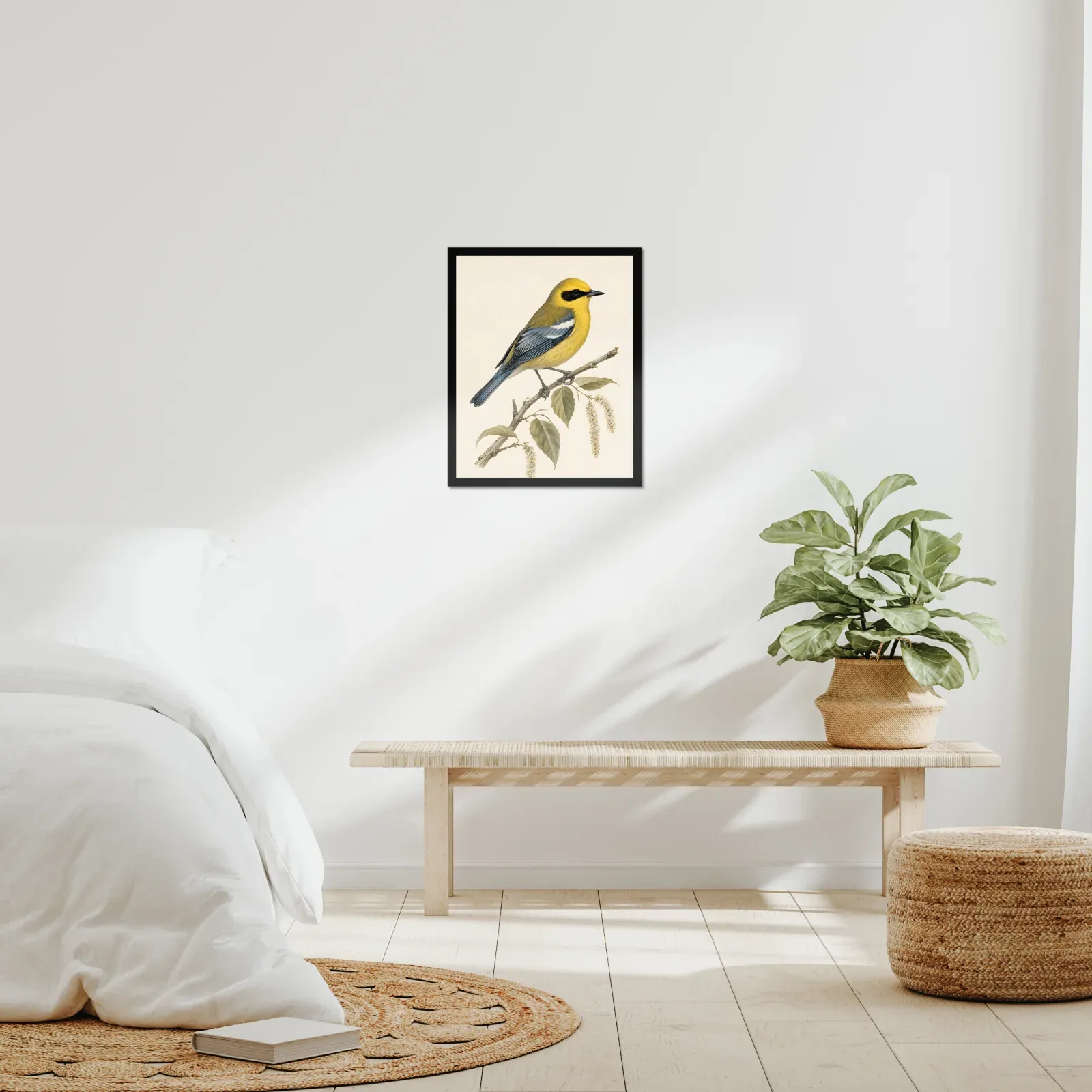 Blue-winged Warbler Print framed at 16x20 inches, shown on a wall to scale