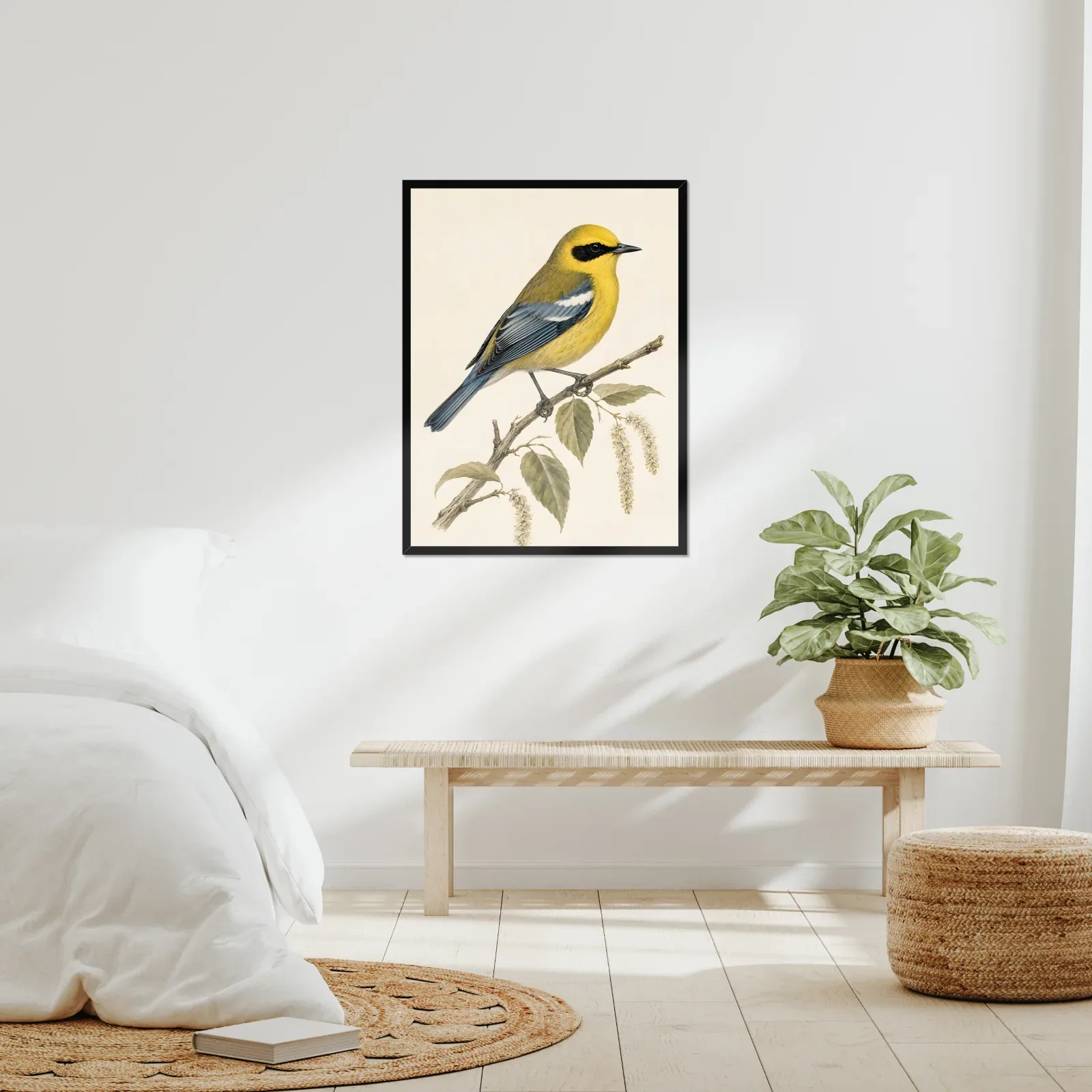 Blue-winged Warbler Print framed at 24x30 inches, shown on a wall to scale