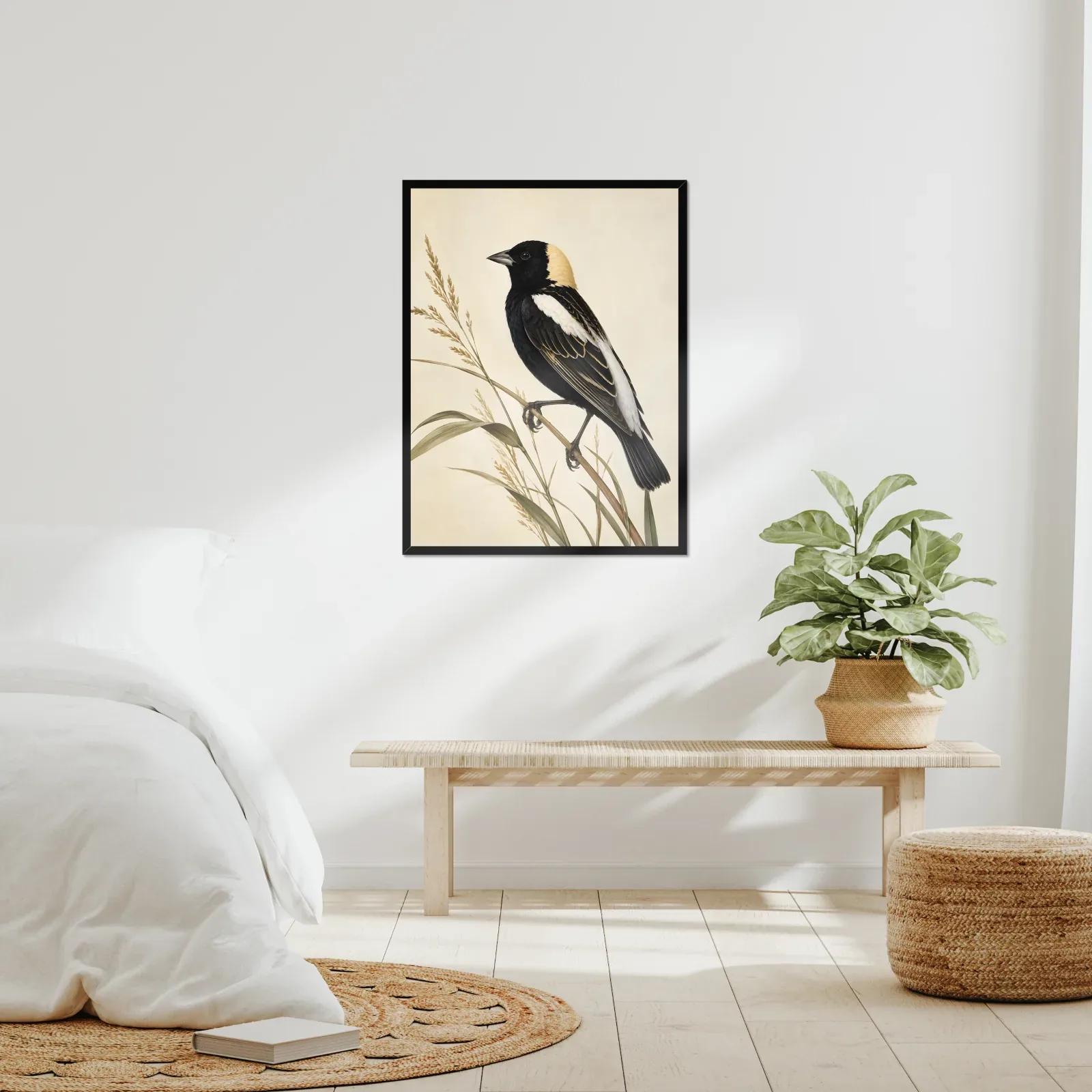 Bobolink Print framed at 24x30 inches, shown on a wall to scale