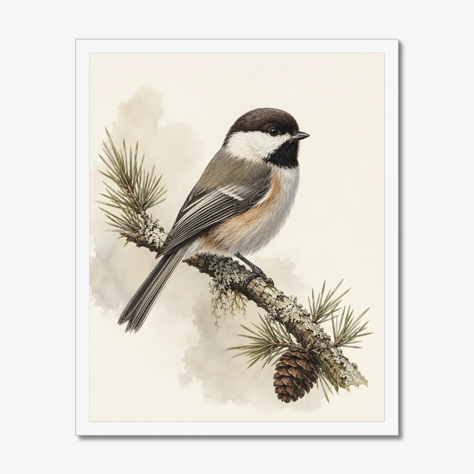 Boreal Chickadee Print in a white frame
