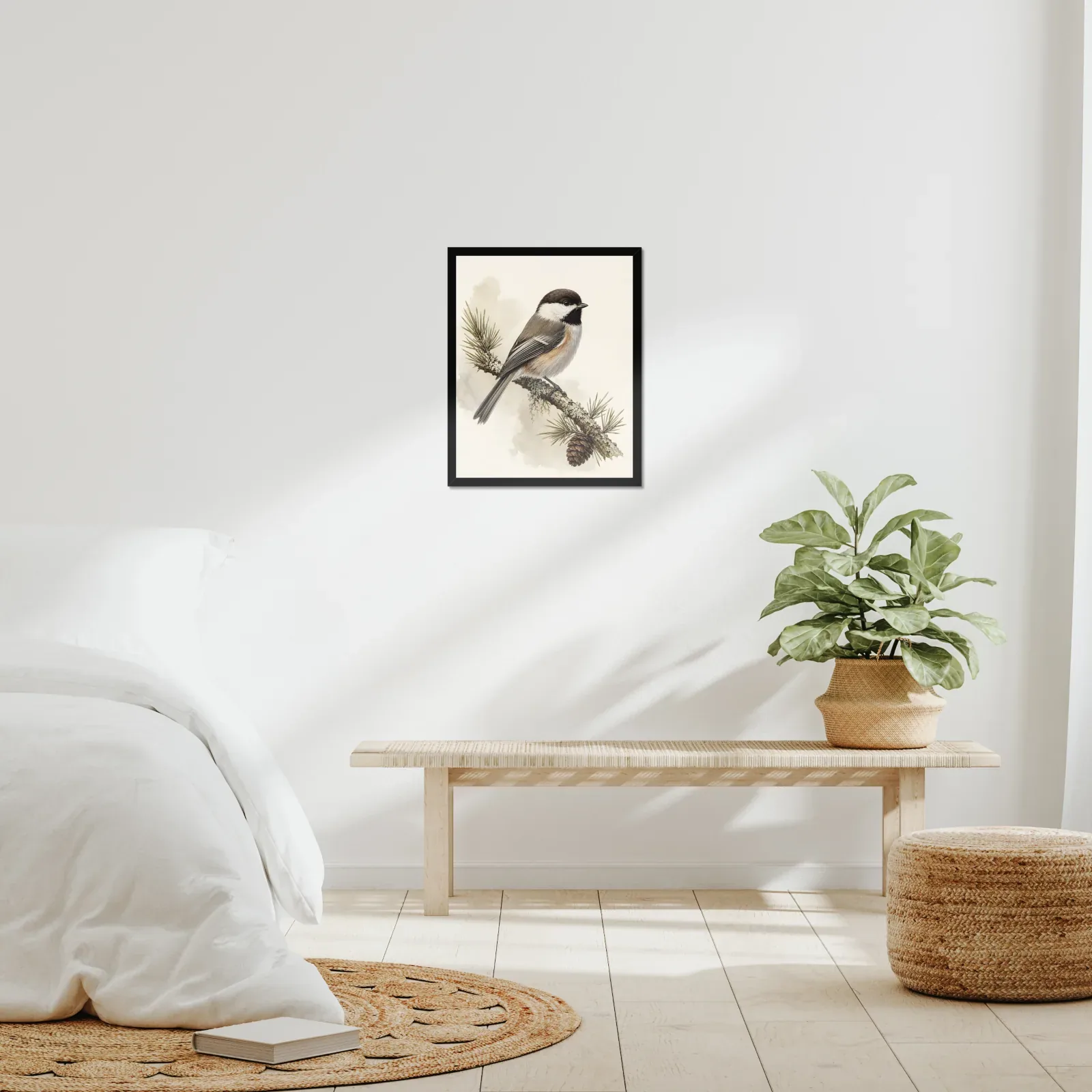 Boreal Chickadee Print framed at 16x20 inches, shown on a wall to scale