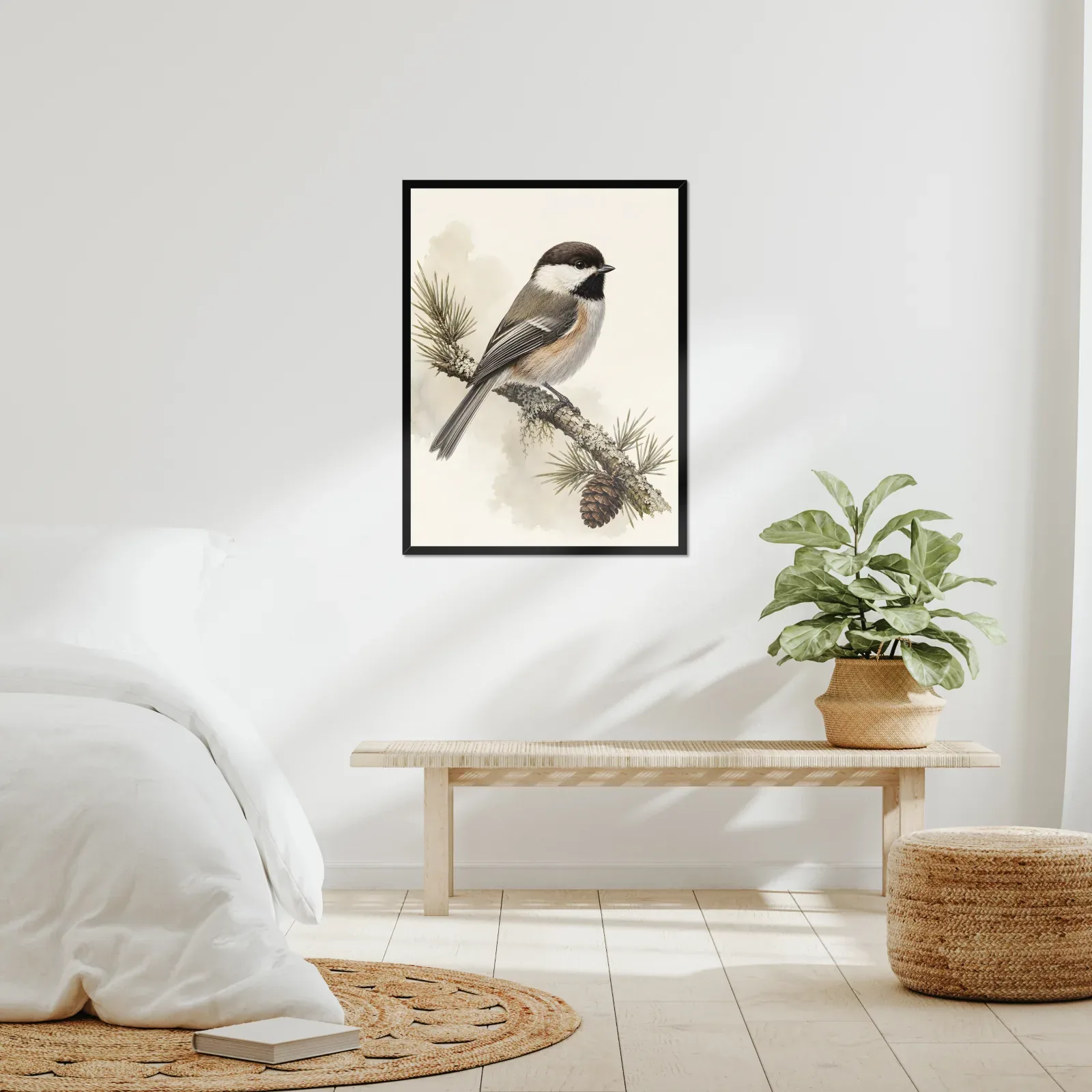 Boreal Chickadee Print framed at 24x30 inches, shown on a wall to scale