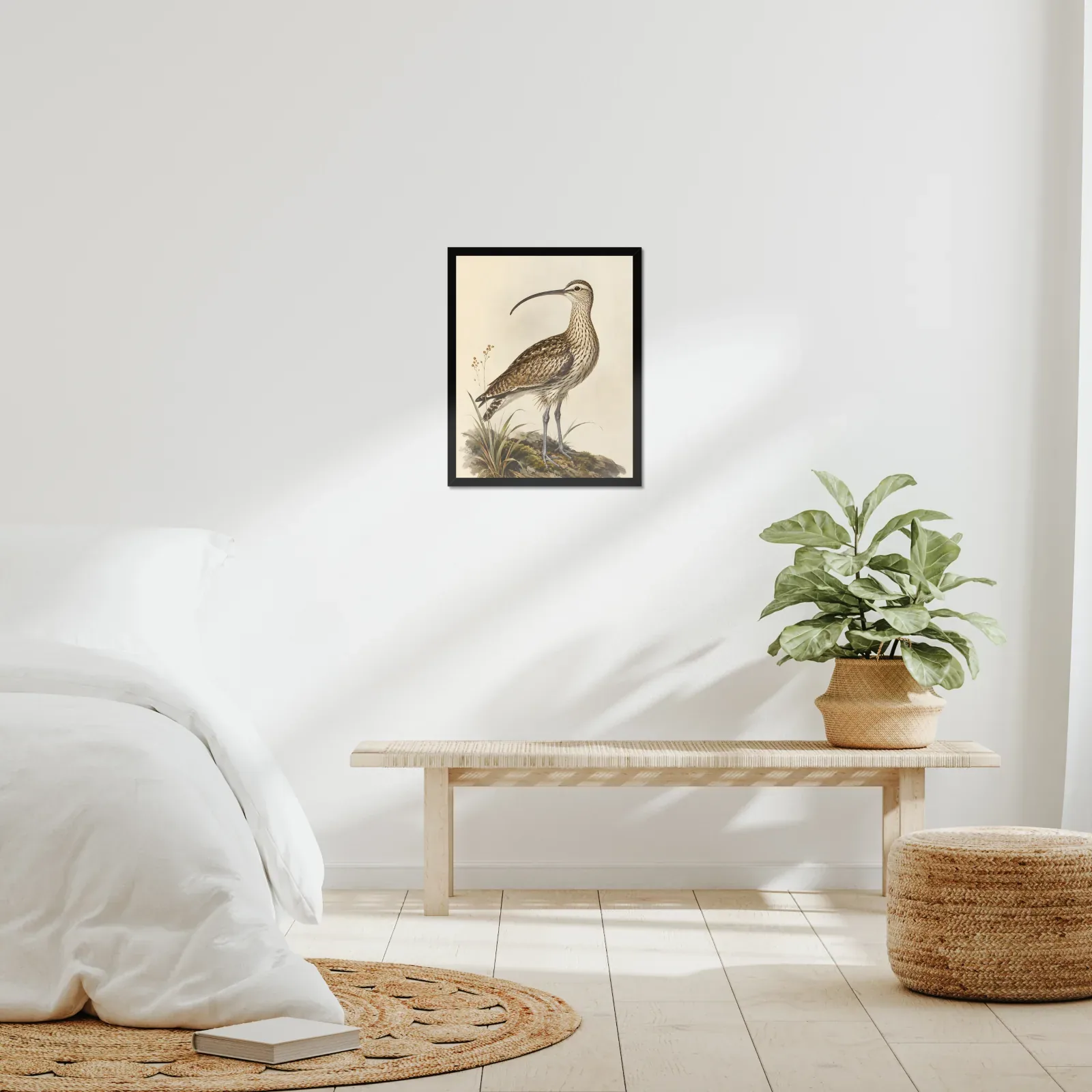 Bristle-thighed Curlew Print framed at 16x20 inches, shown on a wall to scale
