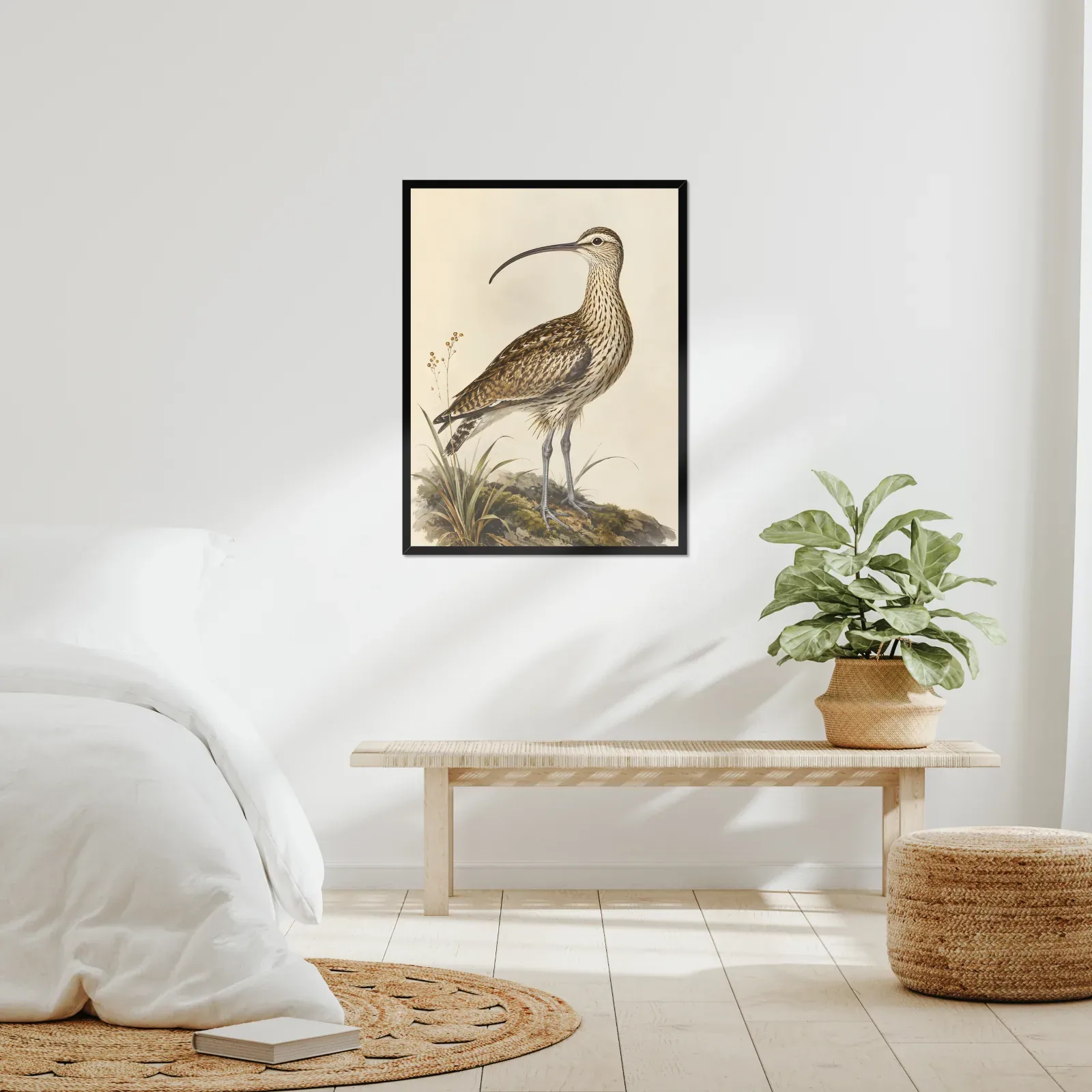 Bristle-thighed Curlew Print framed at 24x30 inches, shown on a wall to scale
