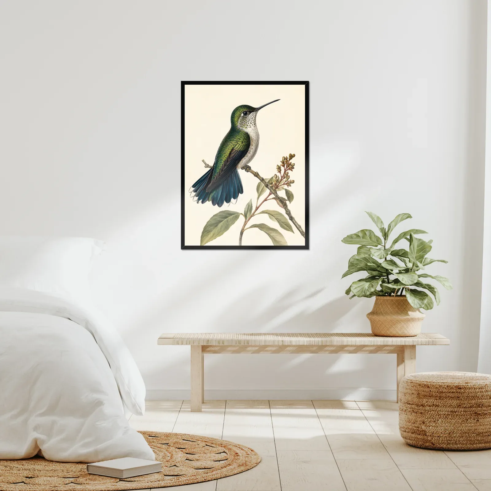 Broad-tailed Hummingbird Print framed at 24x30 inches, shown on a wall to scale
