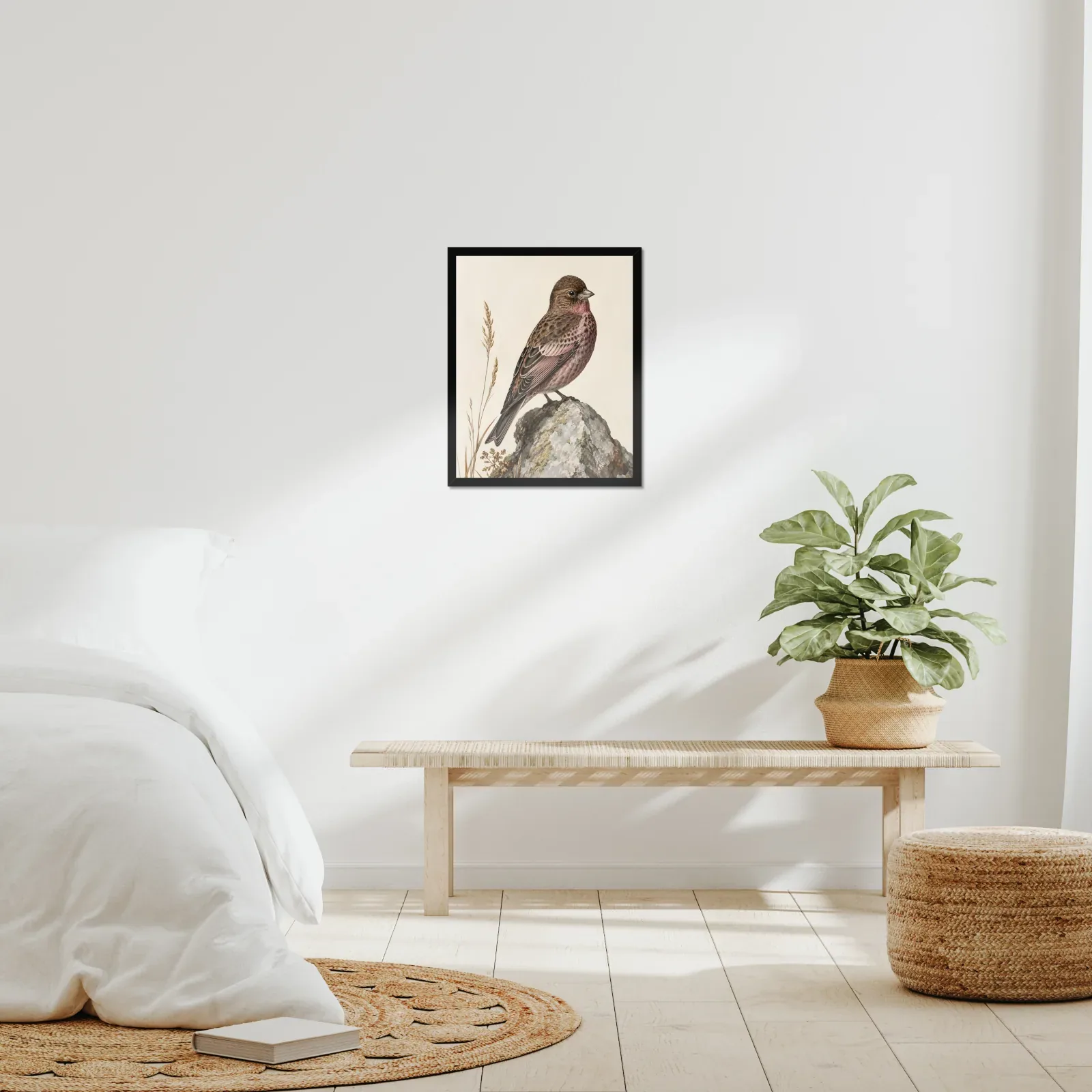 Brown Capped Rosy Finch Print framed at 16x20 inches, shown on a wall to scale