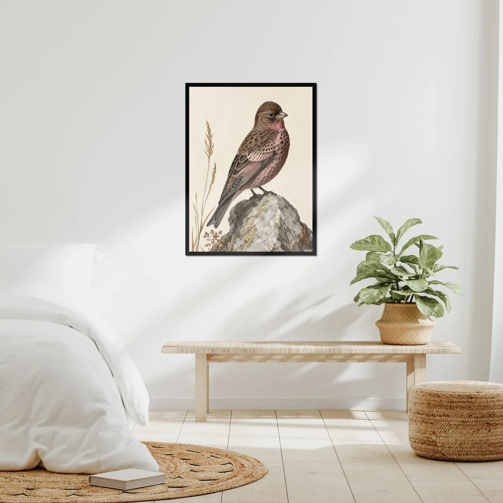 Brown Capped Rosy Finch Print framed at 24x30 inches, shown on a wall to scale