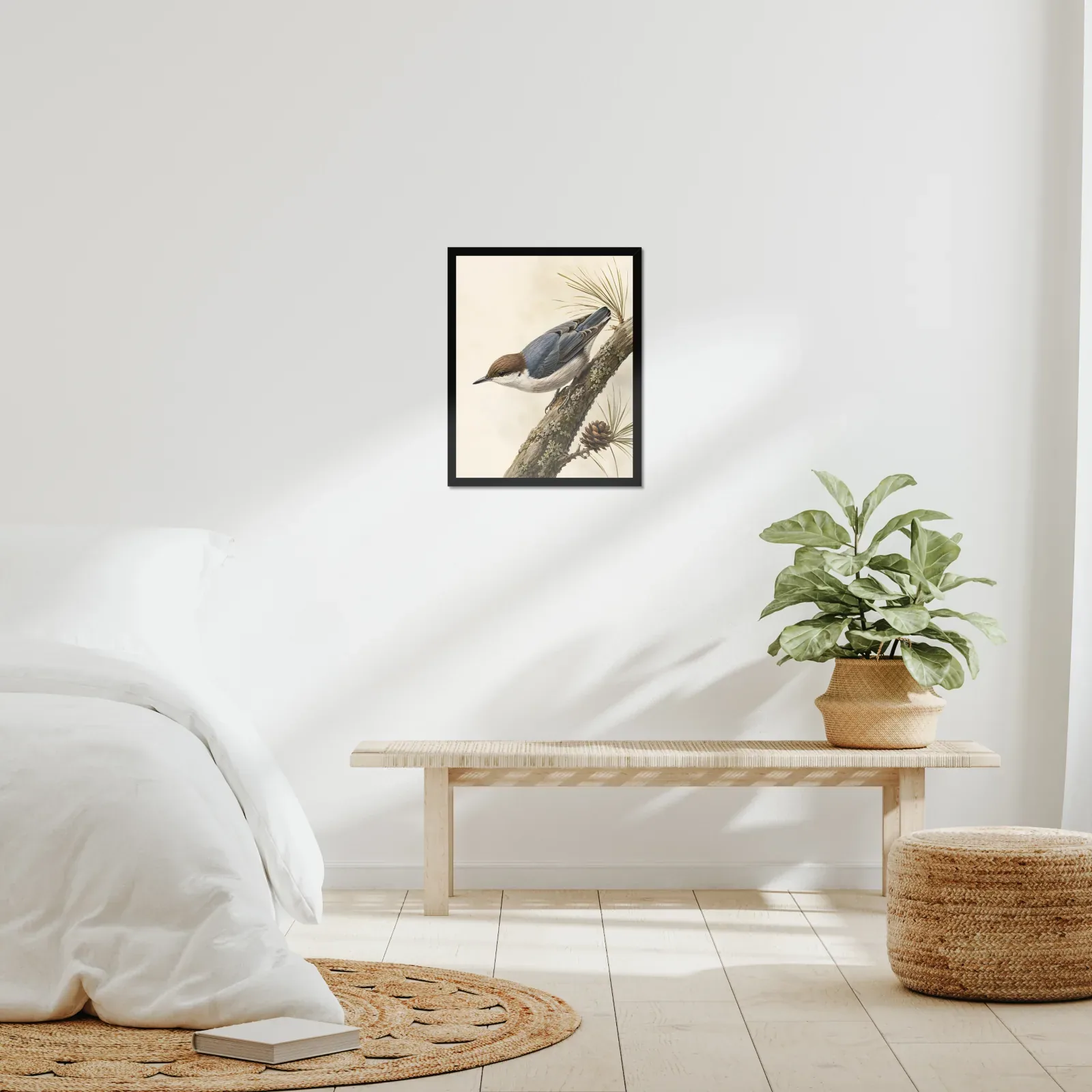 Brown-headed Nuthatch Print framed at 16x20 inches, shown on a wall to scale