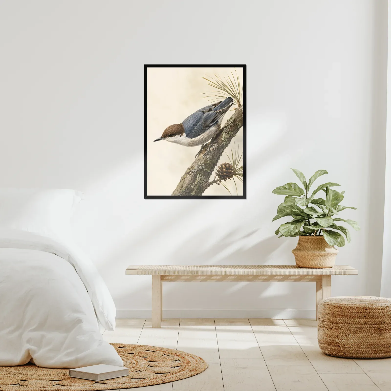 Brown-headed Nuthatch Print framed at 24x30 inches, shown on a wall to scale