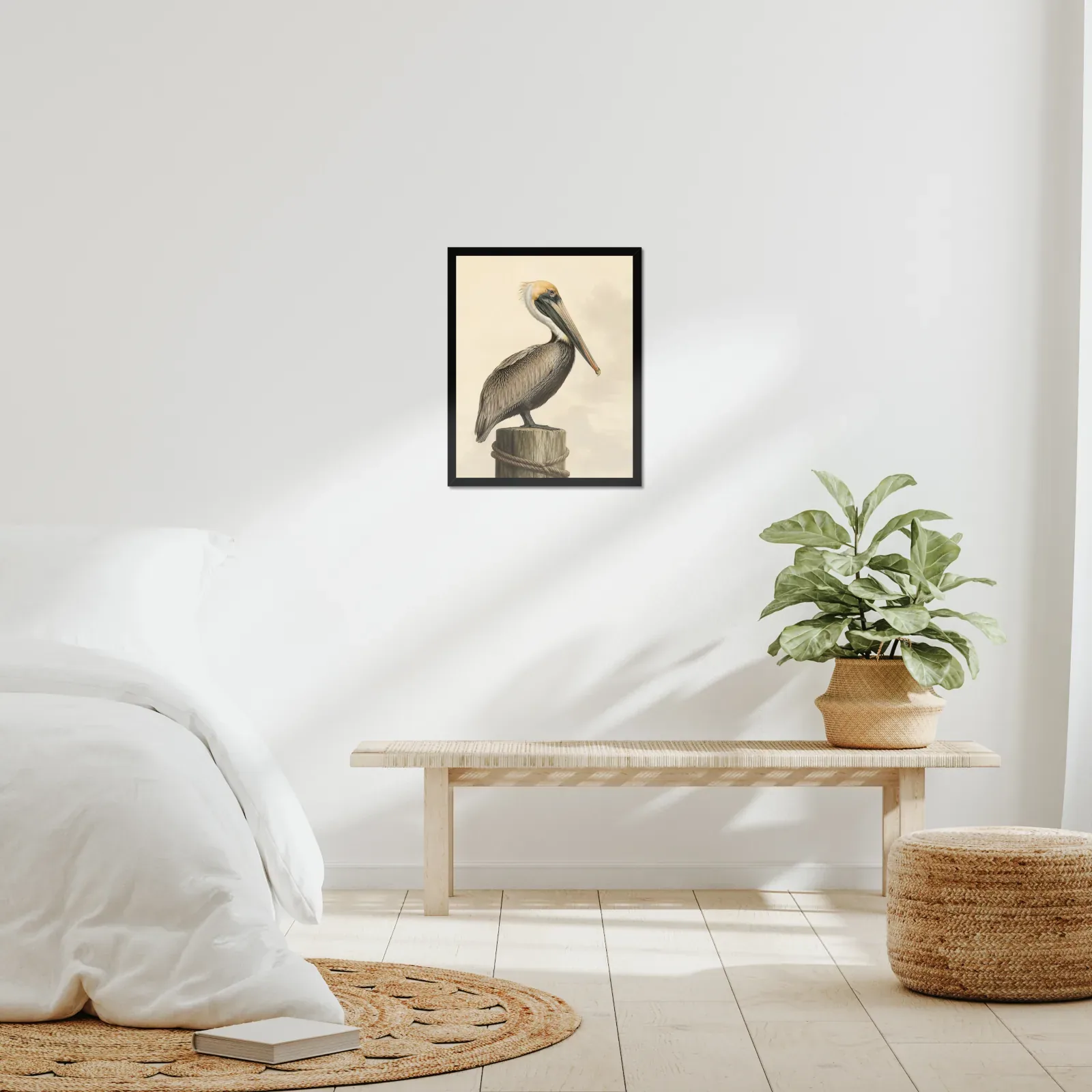 Brown Pelican print framed at 16x20 inches, shown on a wall to scale