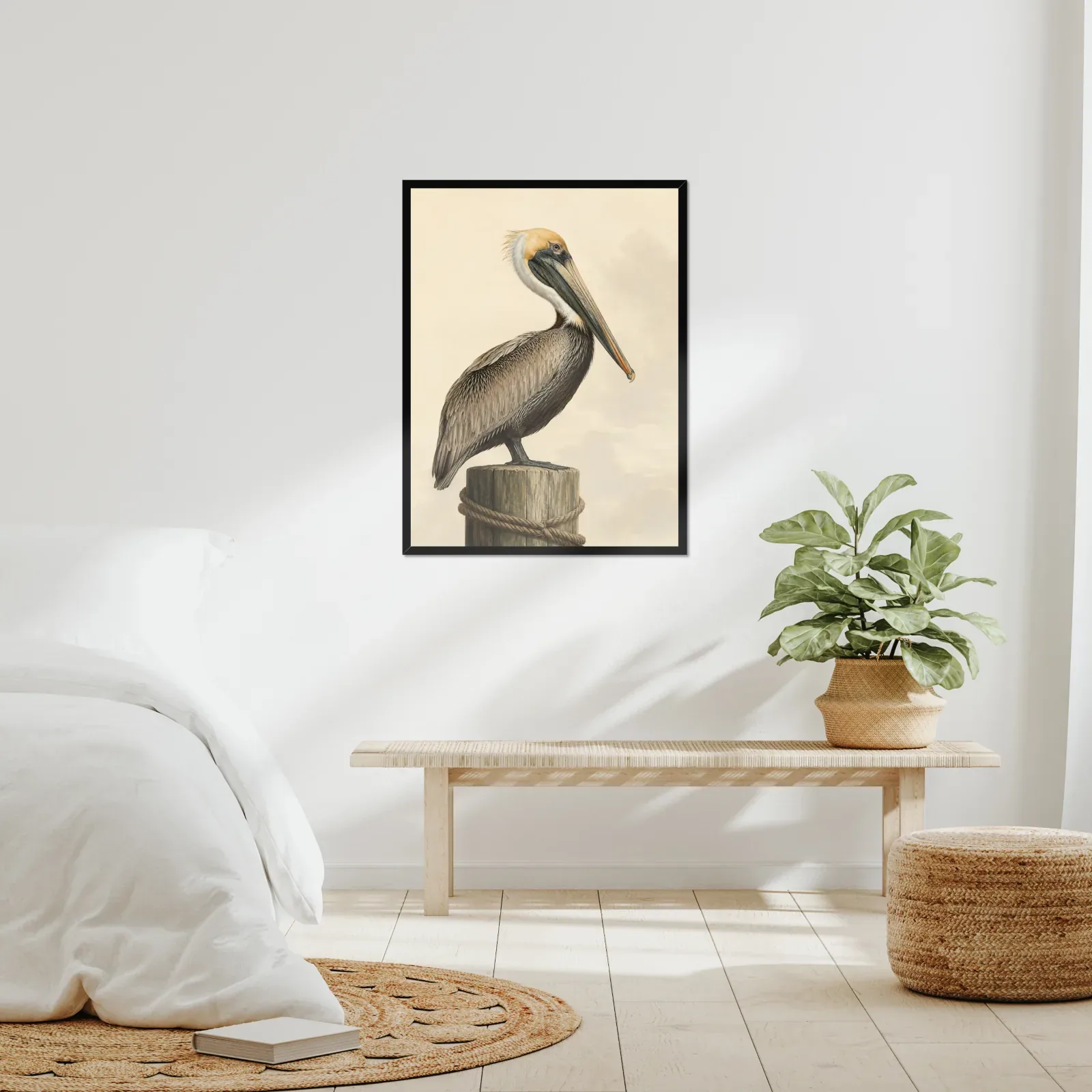 Brown Pelican print framed at 24x30 inches, shown on a wall to scale