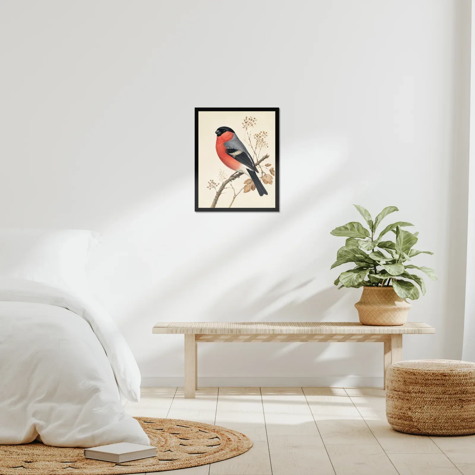 Bullfinch Print framed at 16x20 inches, shown on a wall to scale