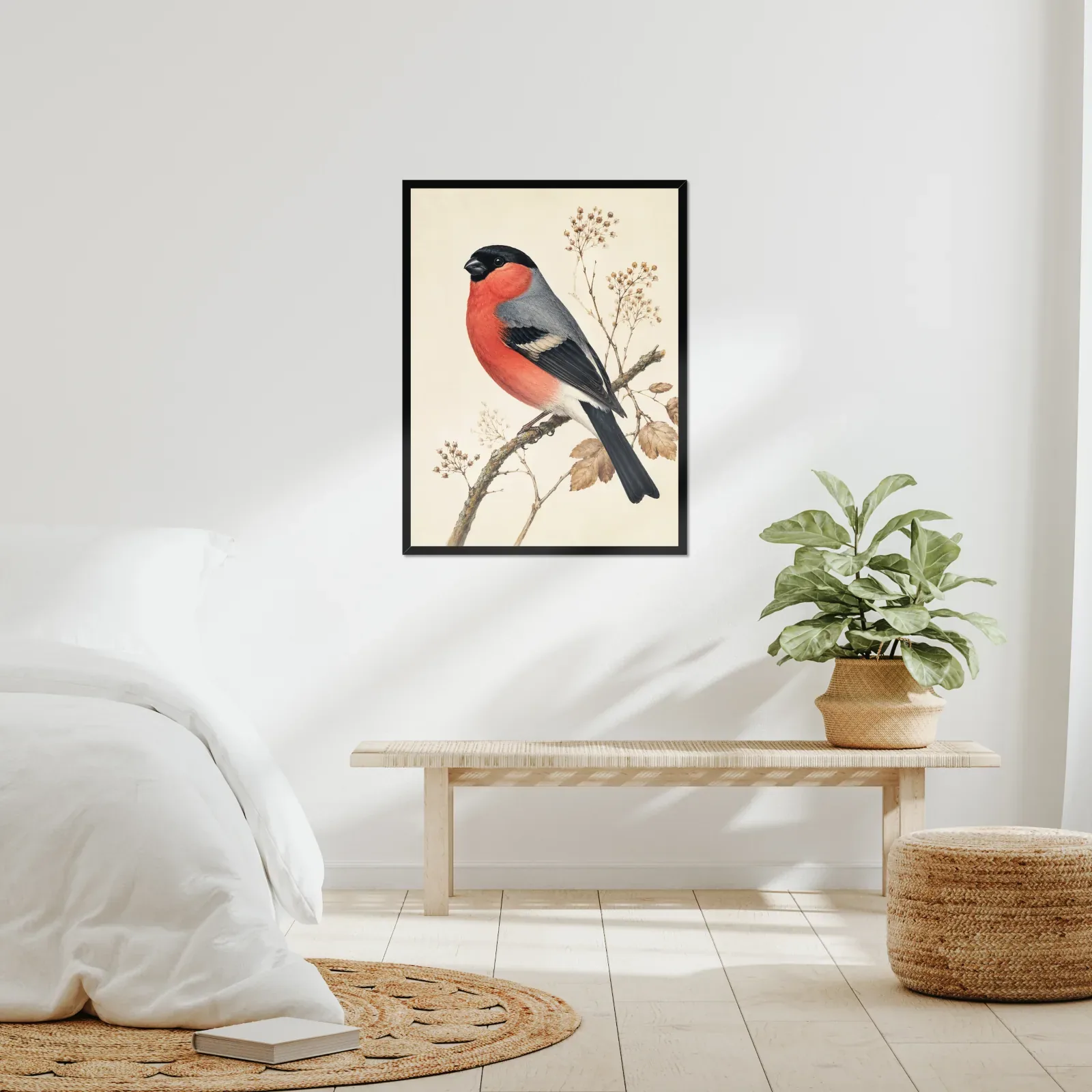 Bullfinch Print framed at 24x30 inches, shown on a wall to scale