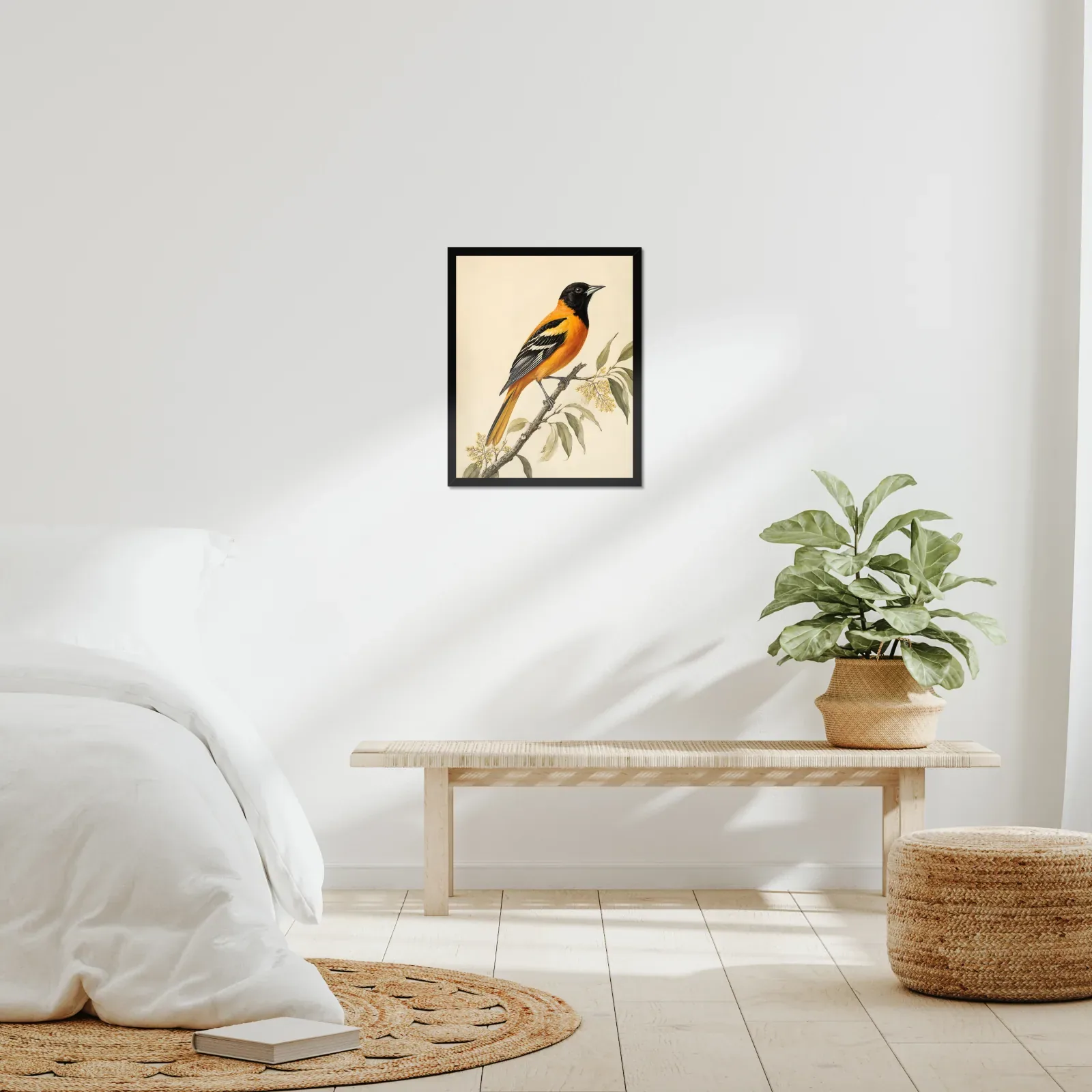 Bullock's Oriole Print framed at 16x20 inches, shown on a wall to scale