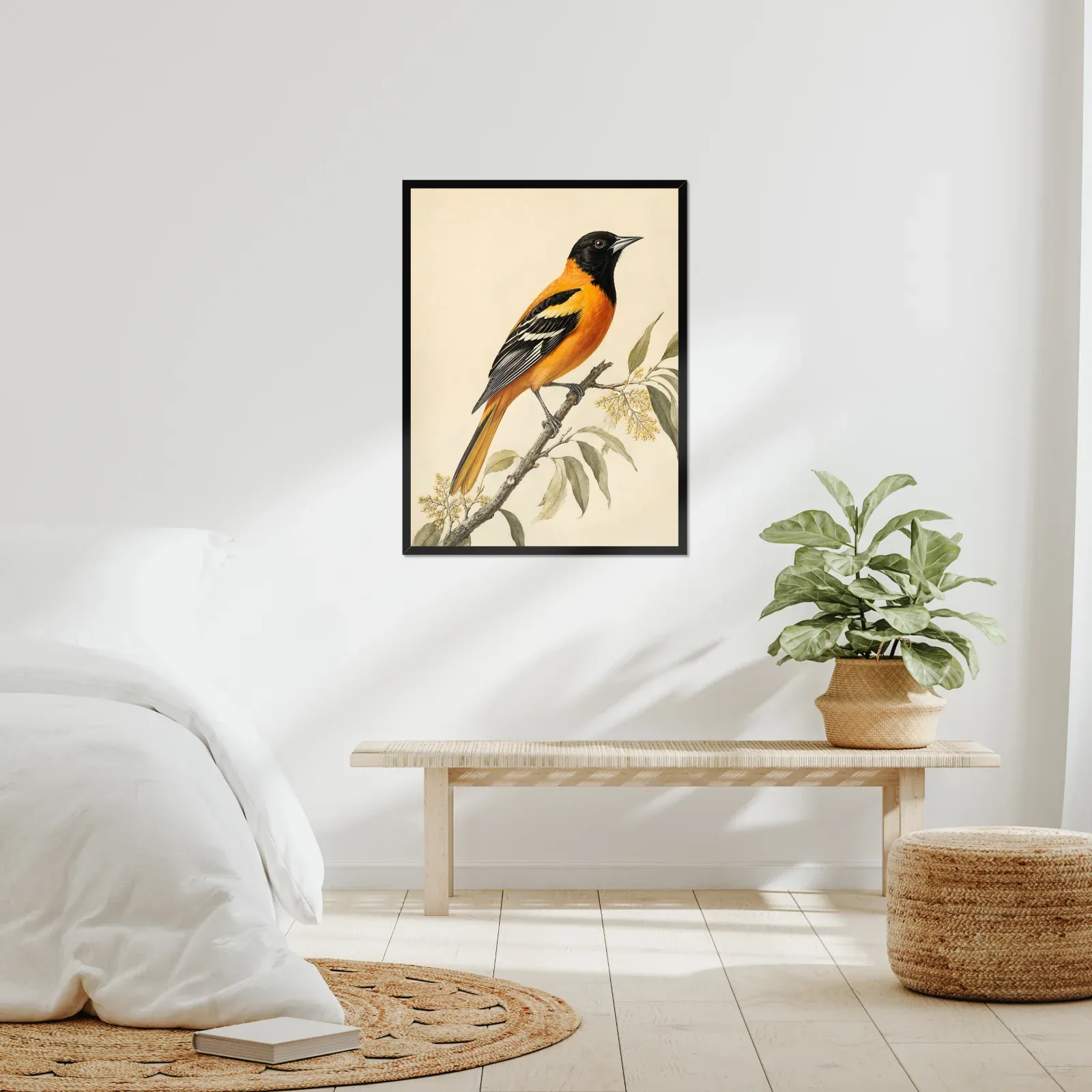 Bullock's Oriole Print framed at 24x30 inches, shown on a wall to scale