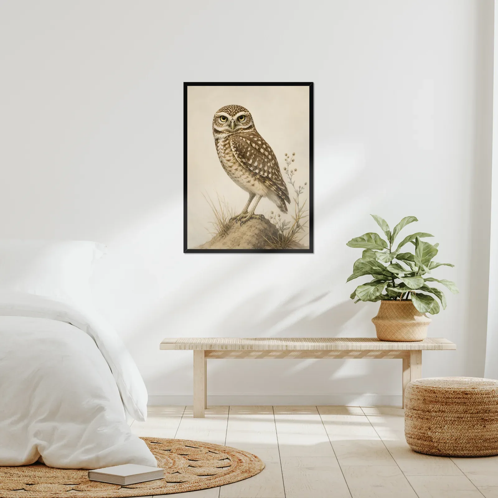 Burrowing Owl Print framed at 24x30 inches, shown on a wall to scale