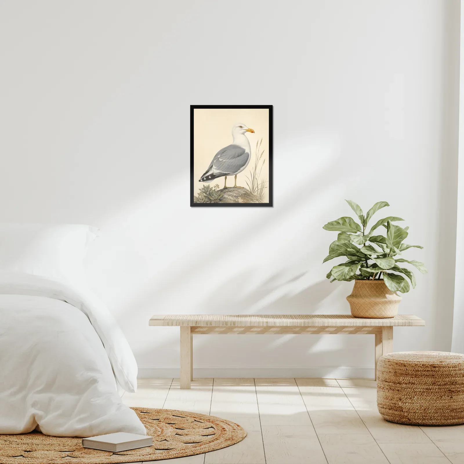 California Gull Print framed at 16x20 inches, shown on a wall to scale