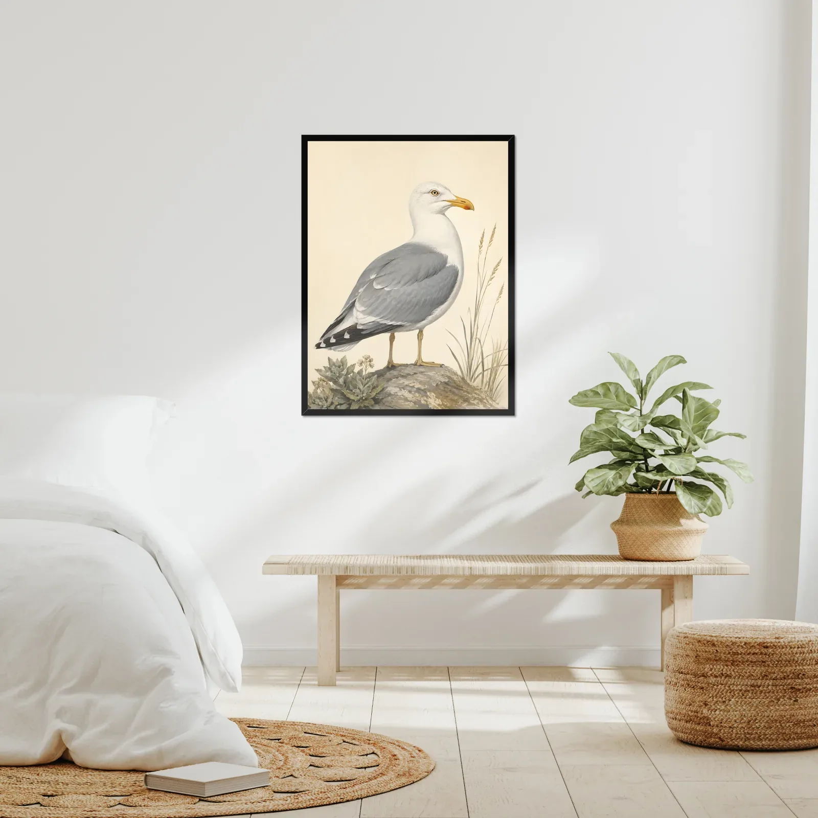 A framed bird print in a real room