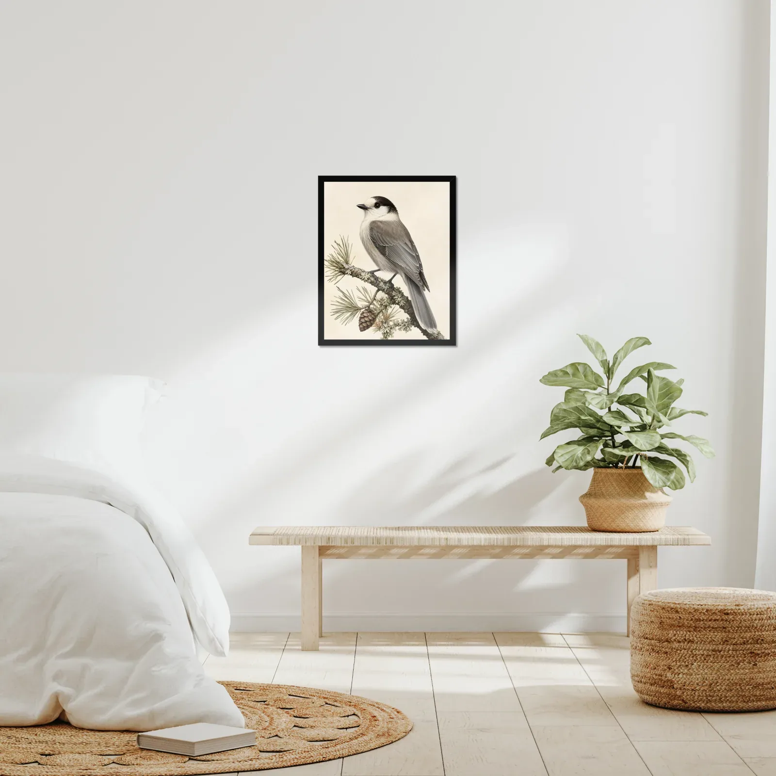 Canada Jay Print framed at 16x20 inches, shown on a wall to scale