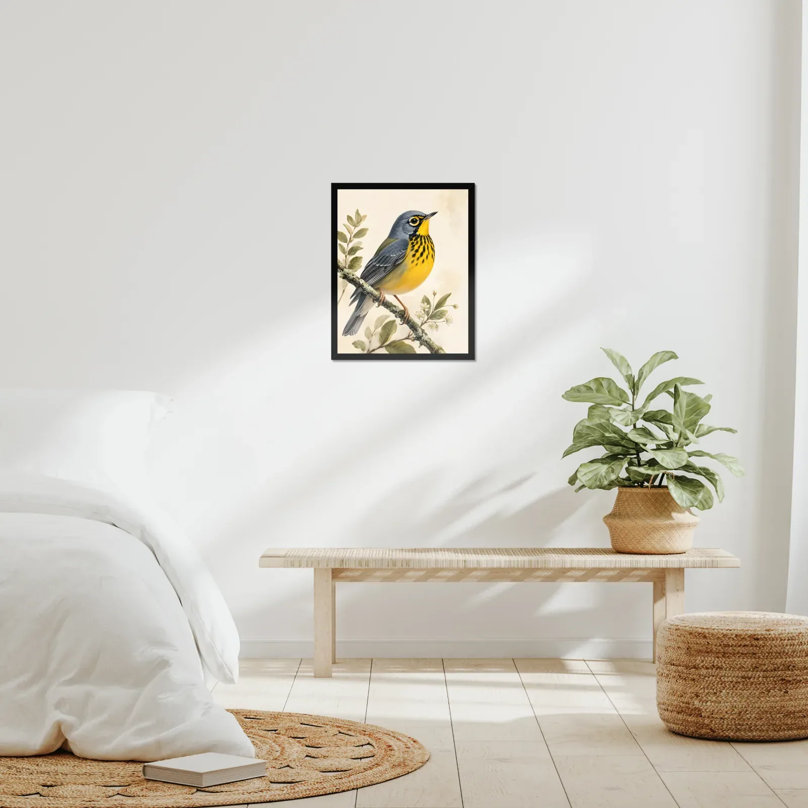 Canada Warbler Print framed at 16x20 inches, shown on a wall to scale