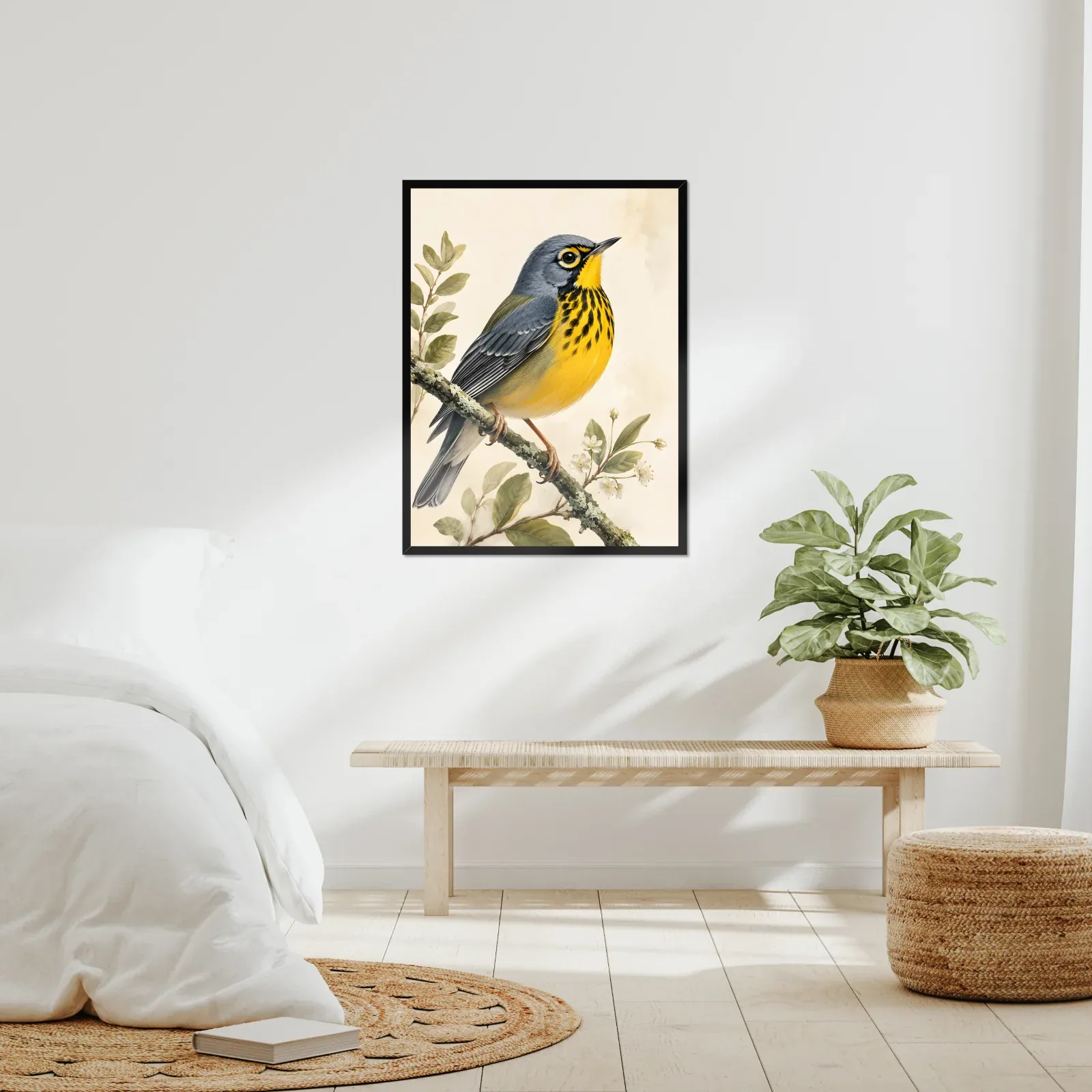 Canada Warbler Print framed at 24x30 inches, shown on a wall to scale