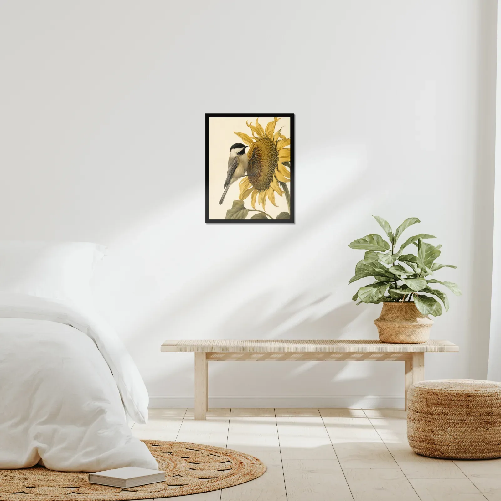 Carolina Chickadee Print framed at 16x20 inches, shown on a wall to scale