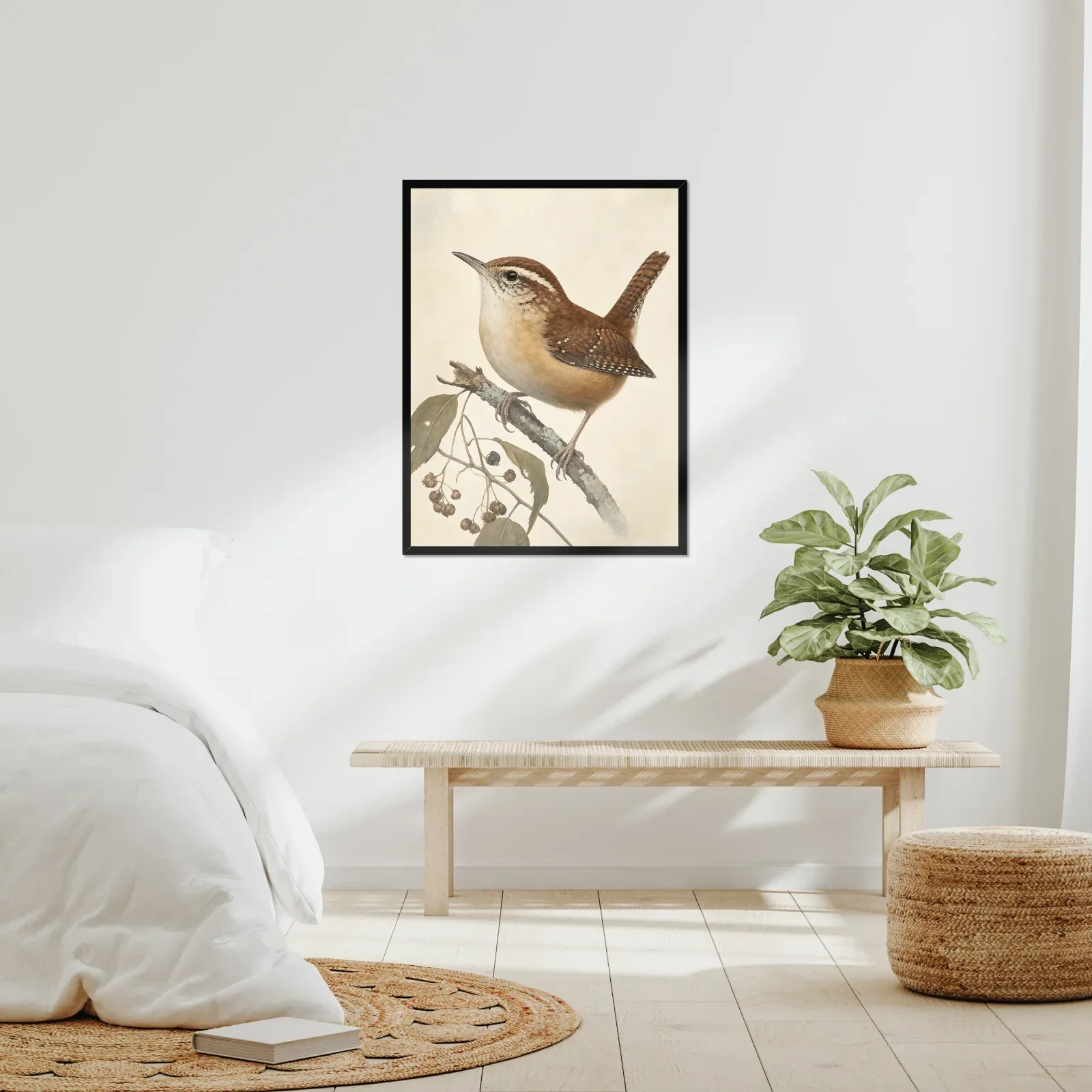 A framed bird print in a real room