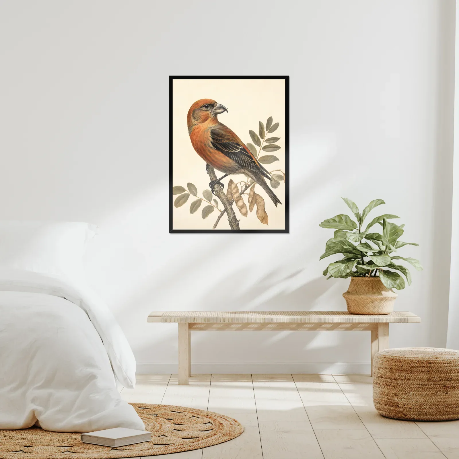 Cassia Crossbill Print framed at 24x30 inches, shown on a wall to scale