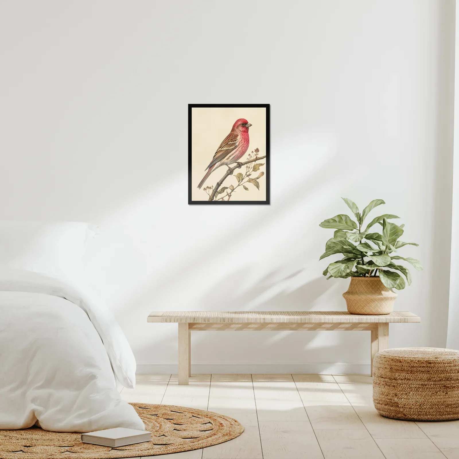Cassin's Finch Print framed at 16x20 inches, shown on a wall to scale