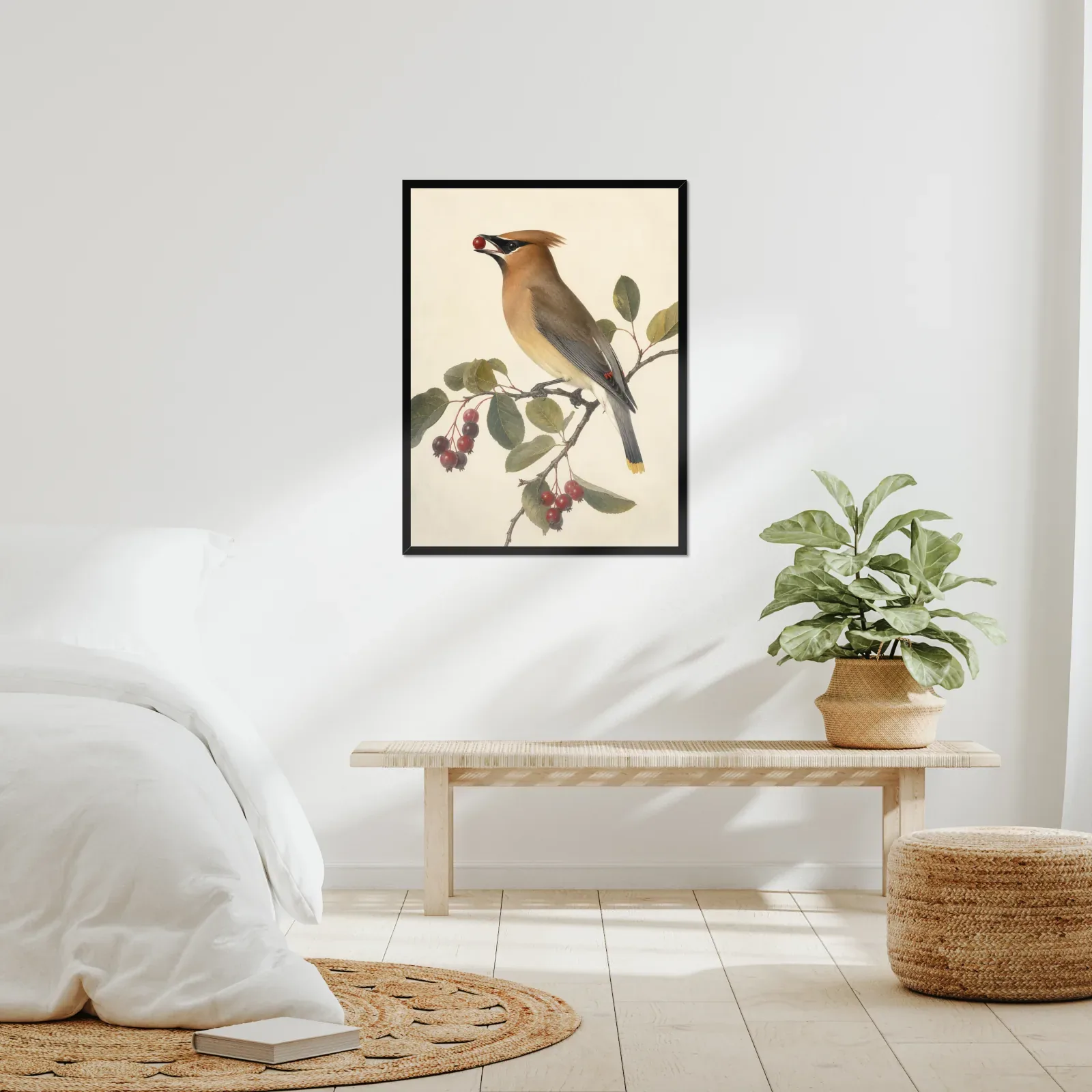 Cedar Waxwing Print - On Berry Branch framed at 24x30 inches, shown on a wall to scale
