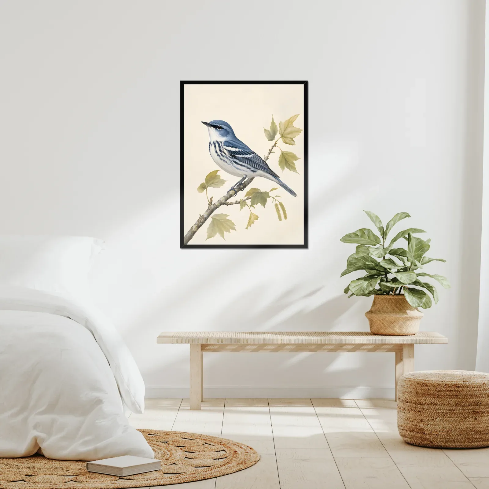 Cerulean Warbler Print framed at 24x30 inches, shown on a wall to scale